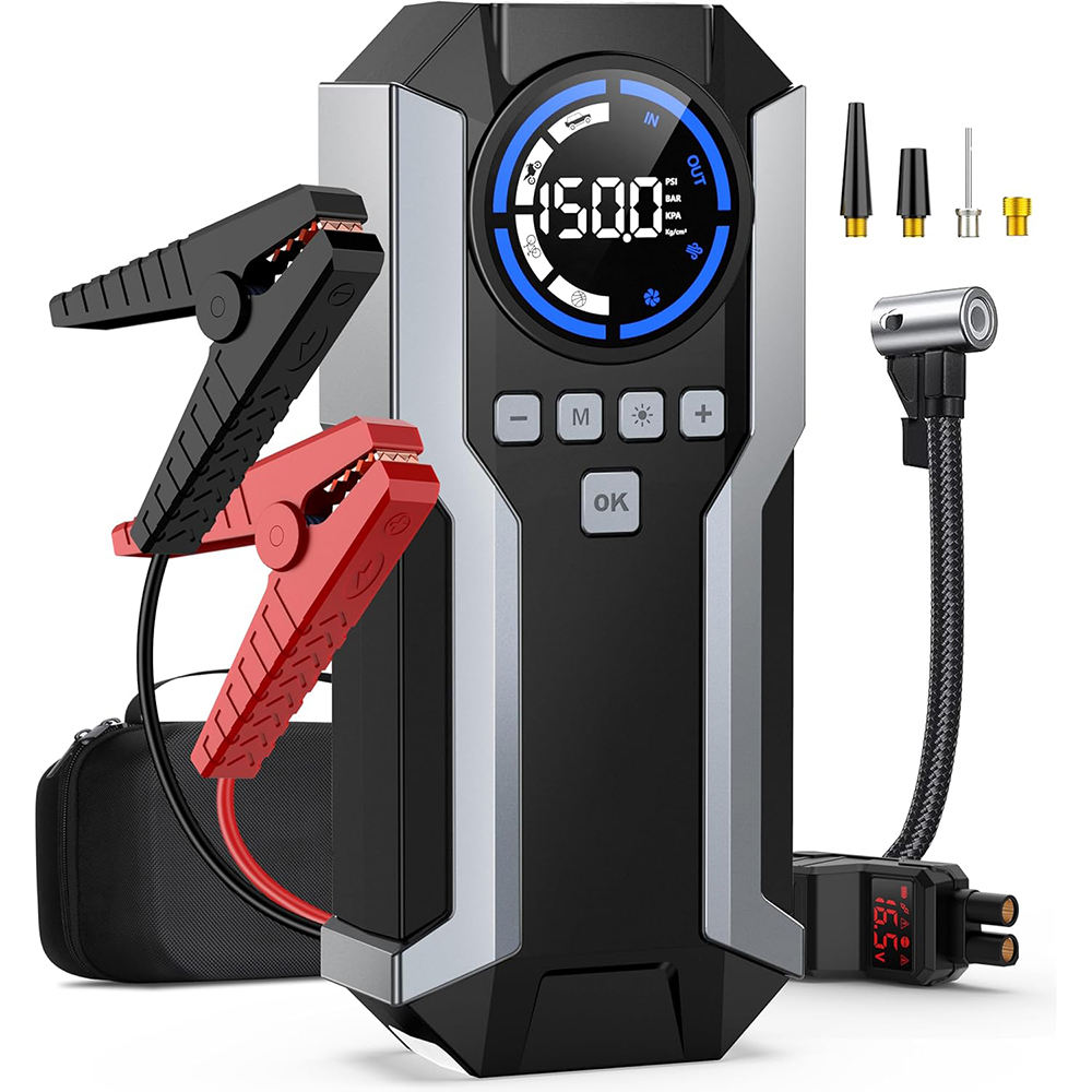 Portable Car Jump Starter 8000A Peak with 21800mAh Battery & 160PSI Air Compressor – 12V Gas & Diesel Engine Booster with LED Light & Power Bank