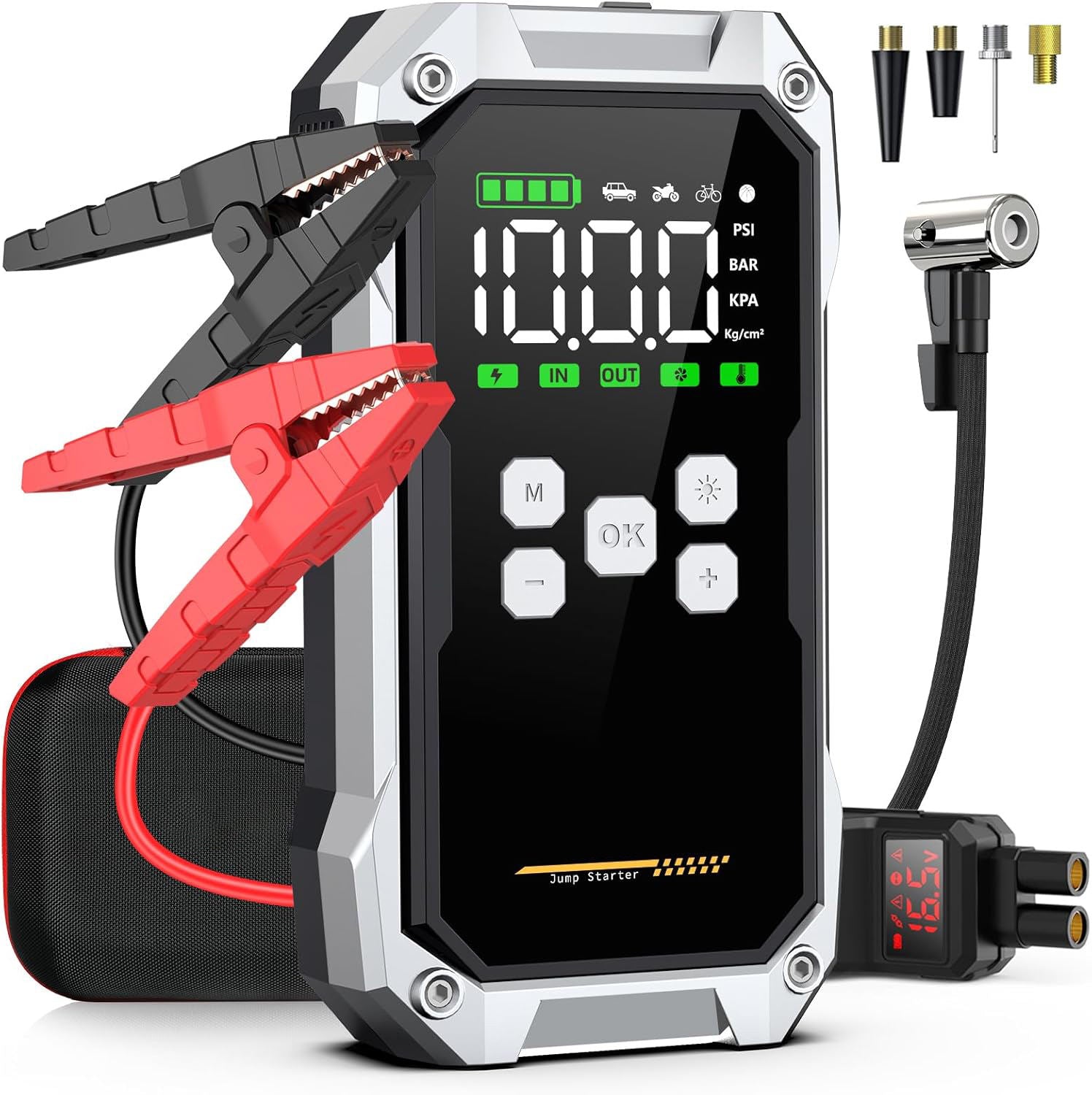 Portable Car Jump Starter with Air Compressor 5000A Peak 21800mAh Battery Pack – 12V Gas & Diesel Engine Booster with 150PSI Tire Inflator & LED Emergency Light
