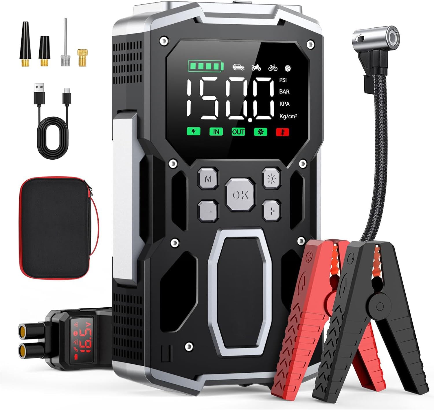 Car Jump Starter with Air Compressor 5000A Peak 26800mAh 99Wh Battery Pack – 12V Gas & Diesel Engine Booster with LED Light & Power Bank