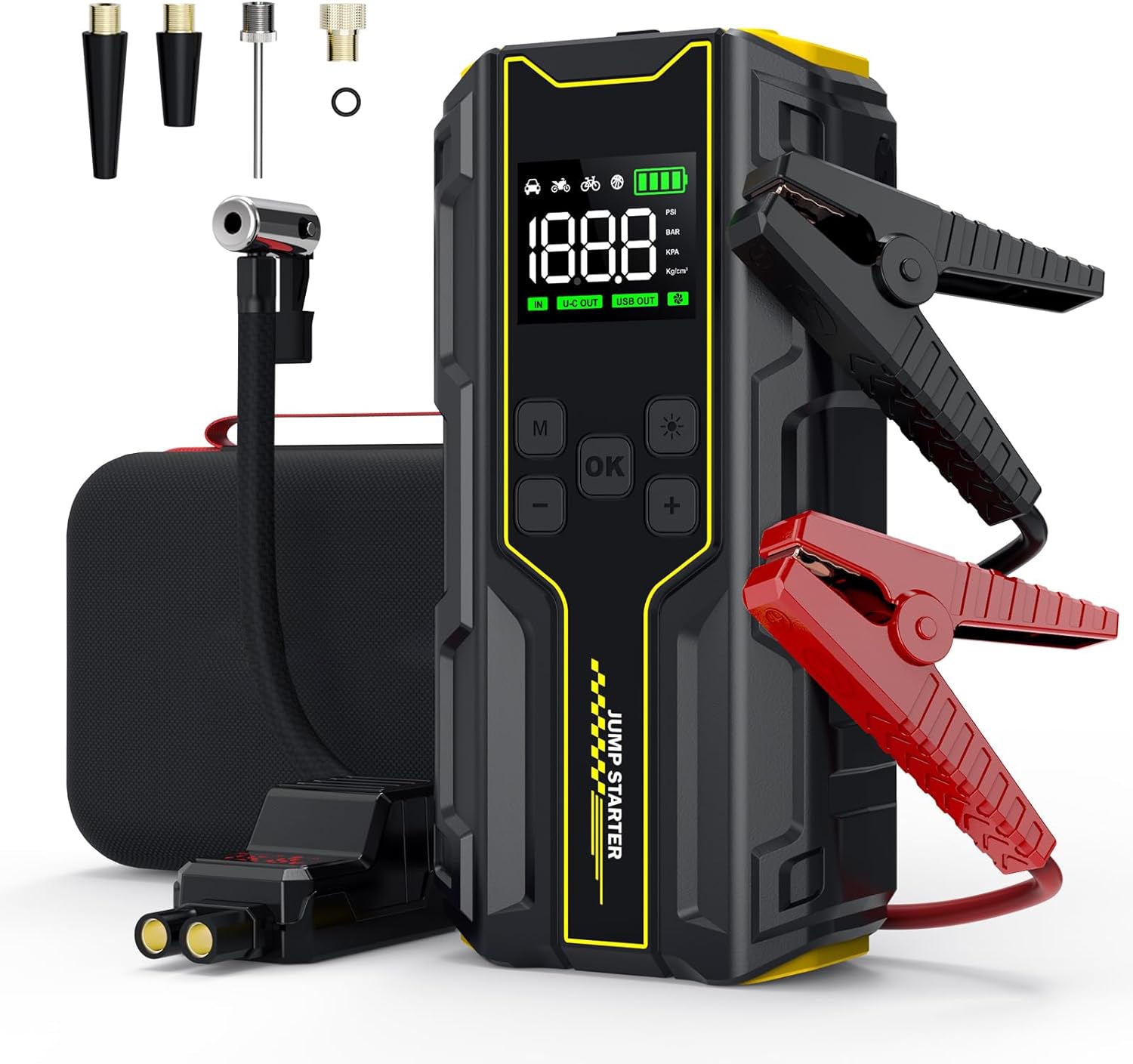 Car Jump Starter with Air Compressor 4000A Peak 12V Battery Booster – 150PSI Tire Inflator, LED Light & Power Bank for Gasoline and Diesel Engines
