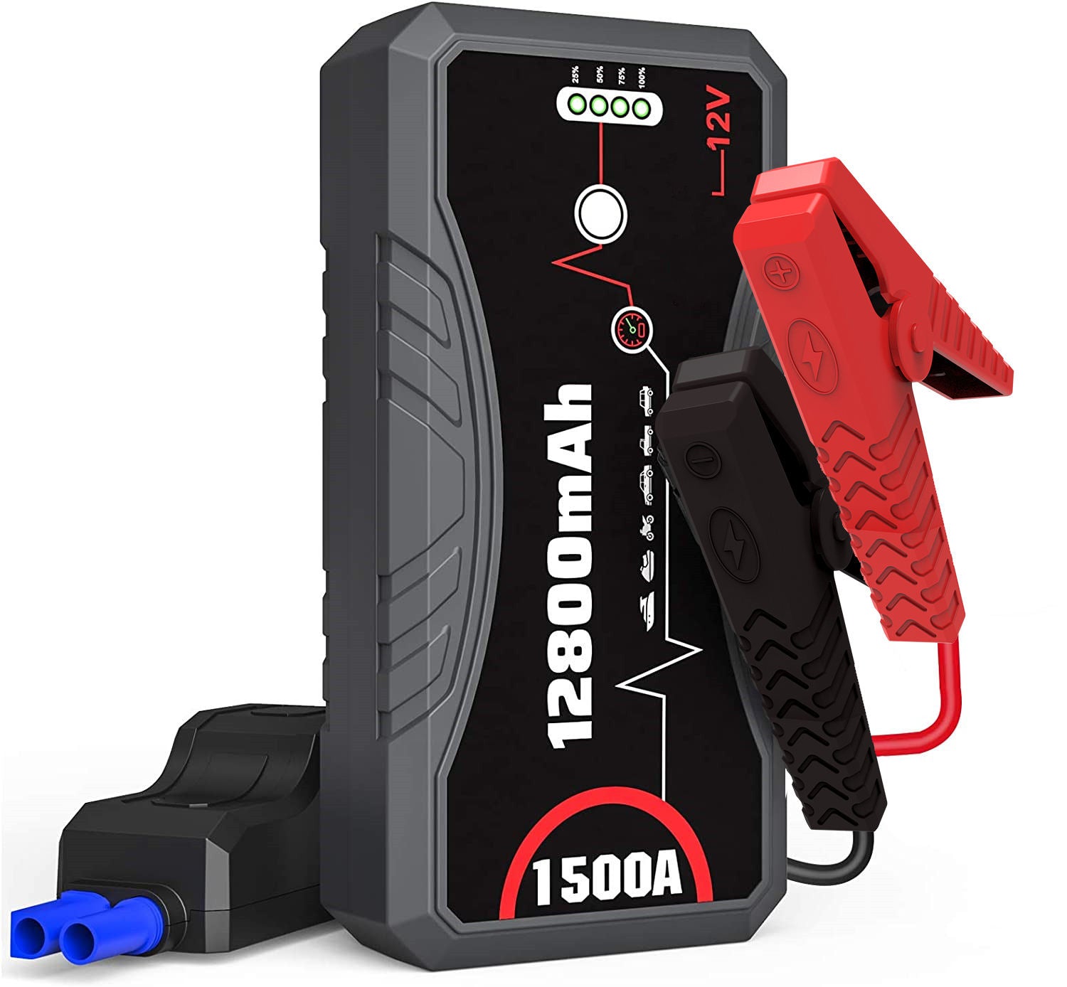 Portable Car Jump Starter 1500A Peak 12800mAh Battery Pack – 12V Gas & Diesel Engine Booster with LED Emergency Light