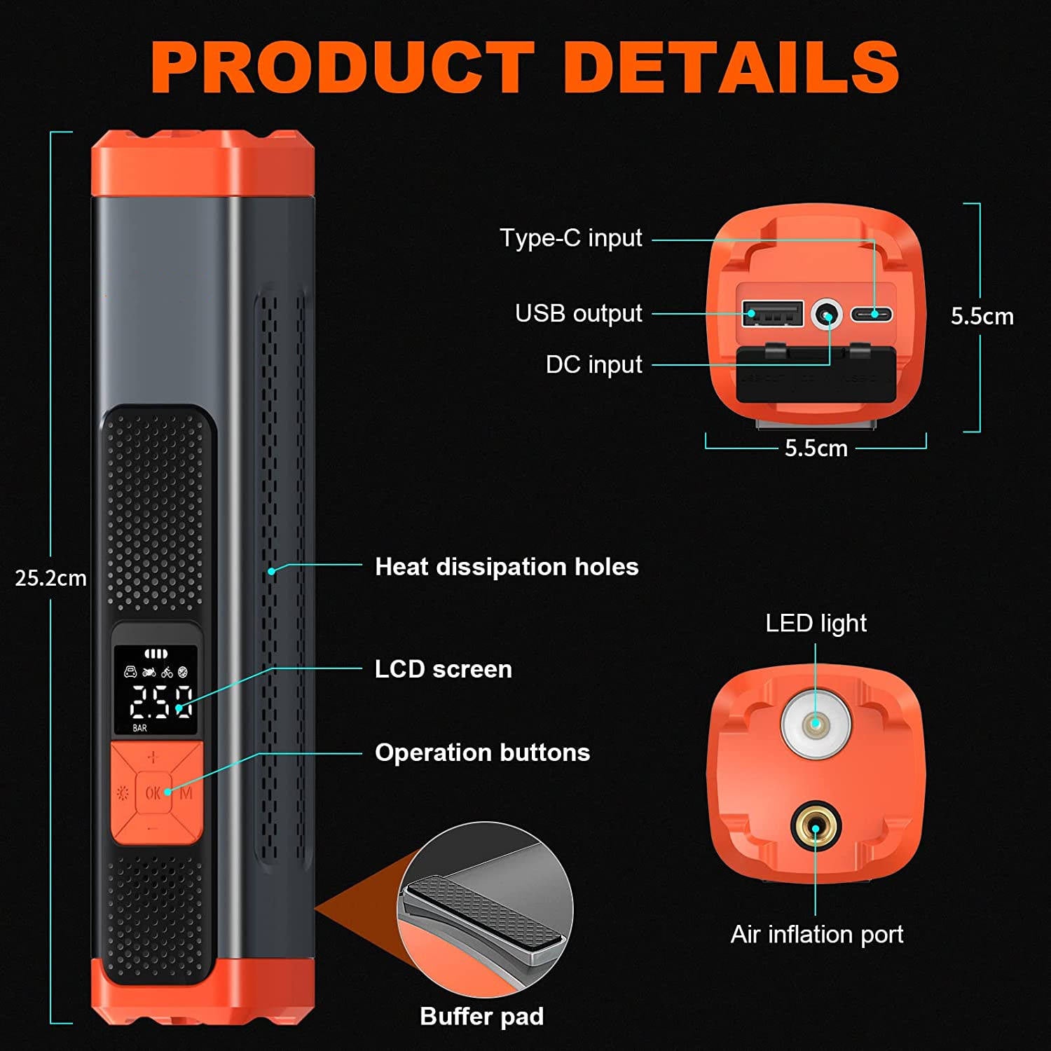 Portable Wireless Air Compressor Tire Inflator 150PSI with LED Light and Power Bank Function