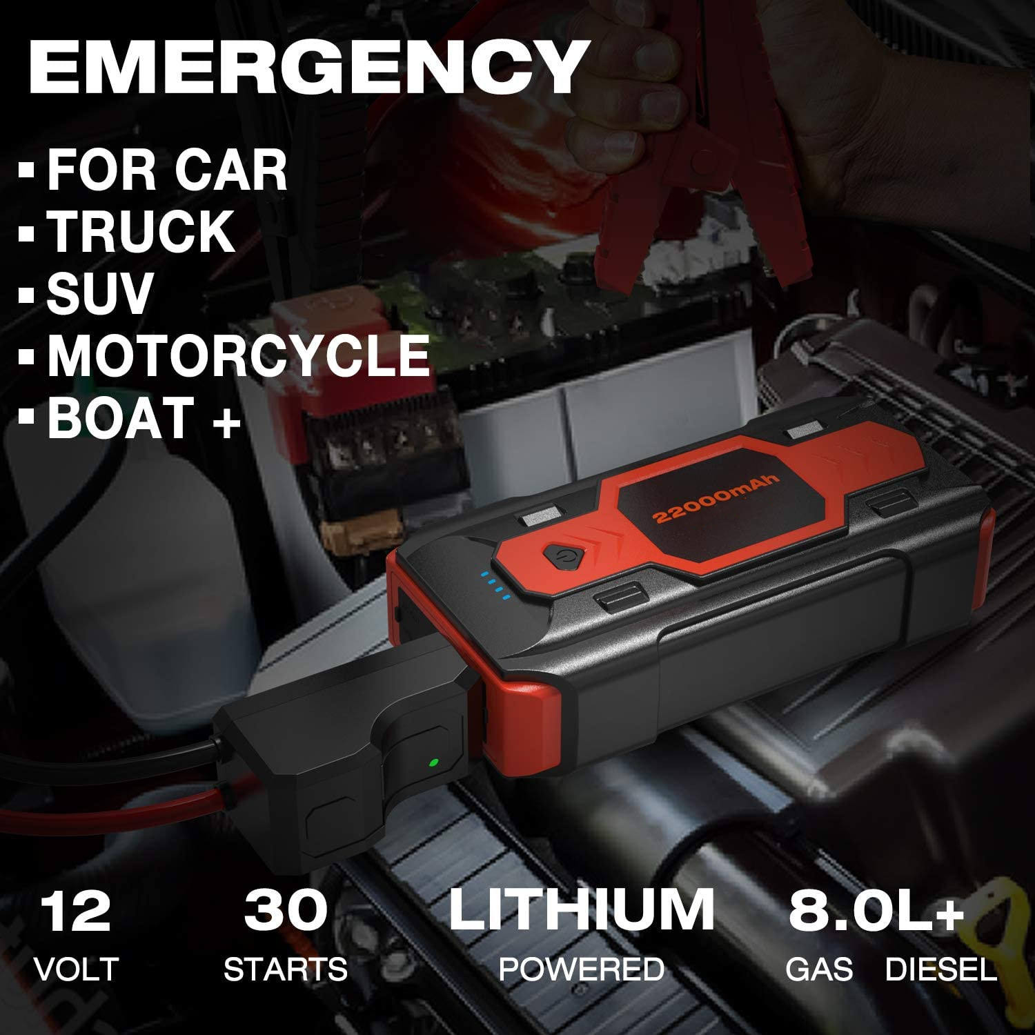 Portable Car Jump Starter 2500A Peak 22000mAh Battery Pack – 12V Gas & Diesel Engine Booster with LED Emergency Light