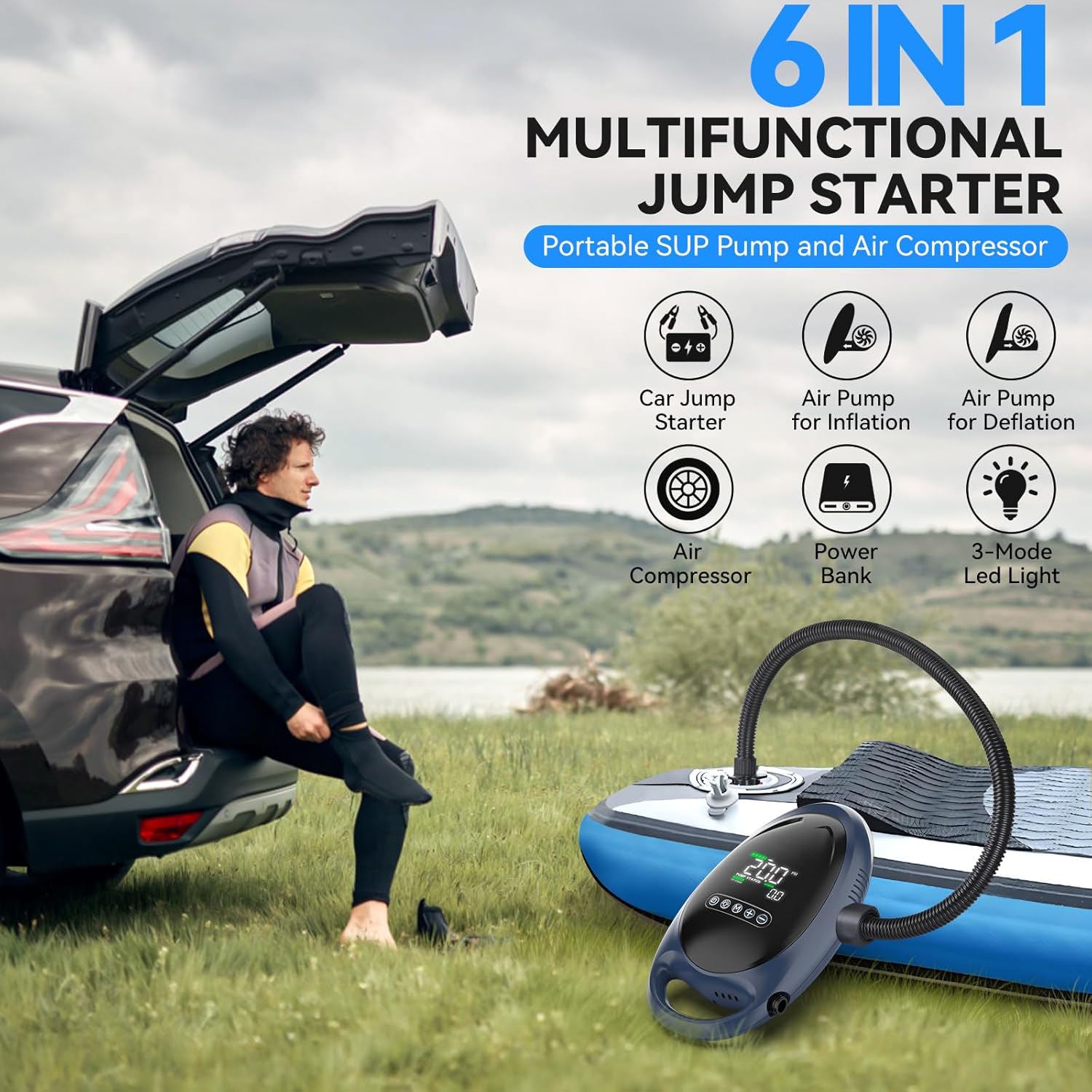6-in-1 Multifunctional Jump Starter with Air Pump, Tire Inflator, Paddle Board Pump, Power Bank, and LED Light