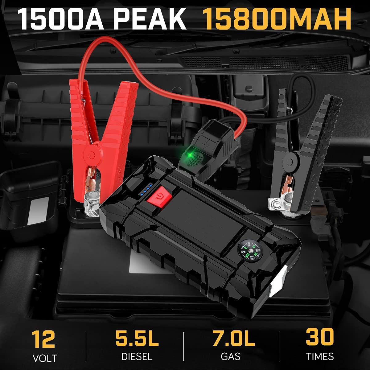 Car Jump Starter 1500A Peak 15800mAh Battery Pack – 12V Auto Engine Booster with LED Emergency Light & Quick Charge