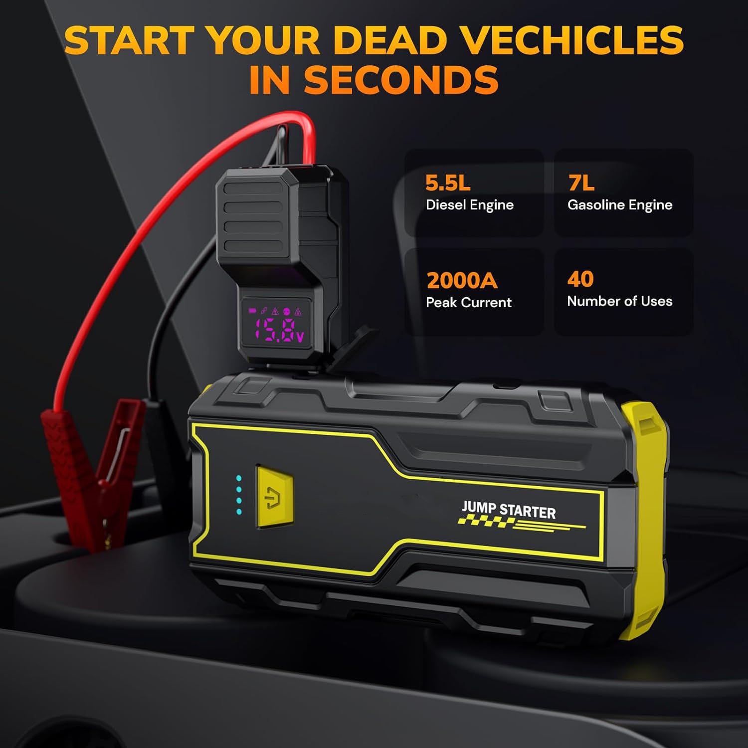 Car Jump Starter 3000A Peak 7200mAh 26.64Wh Battery Pack – 12V Gas & Diesel Engine Booster with LED Light & Power Bank