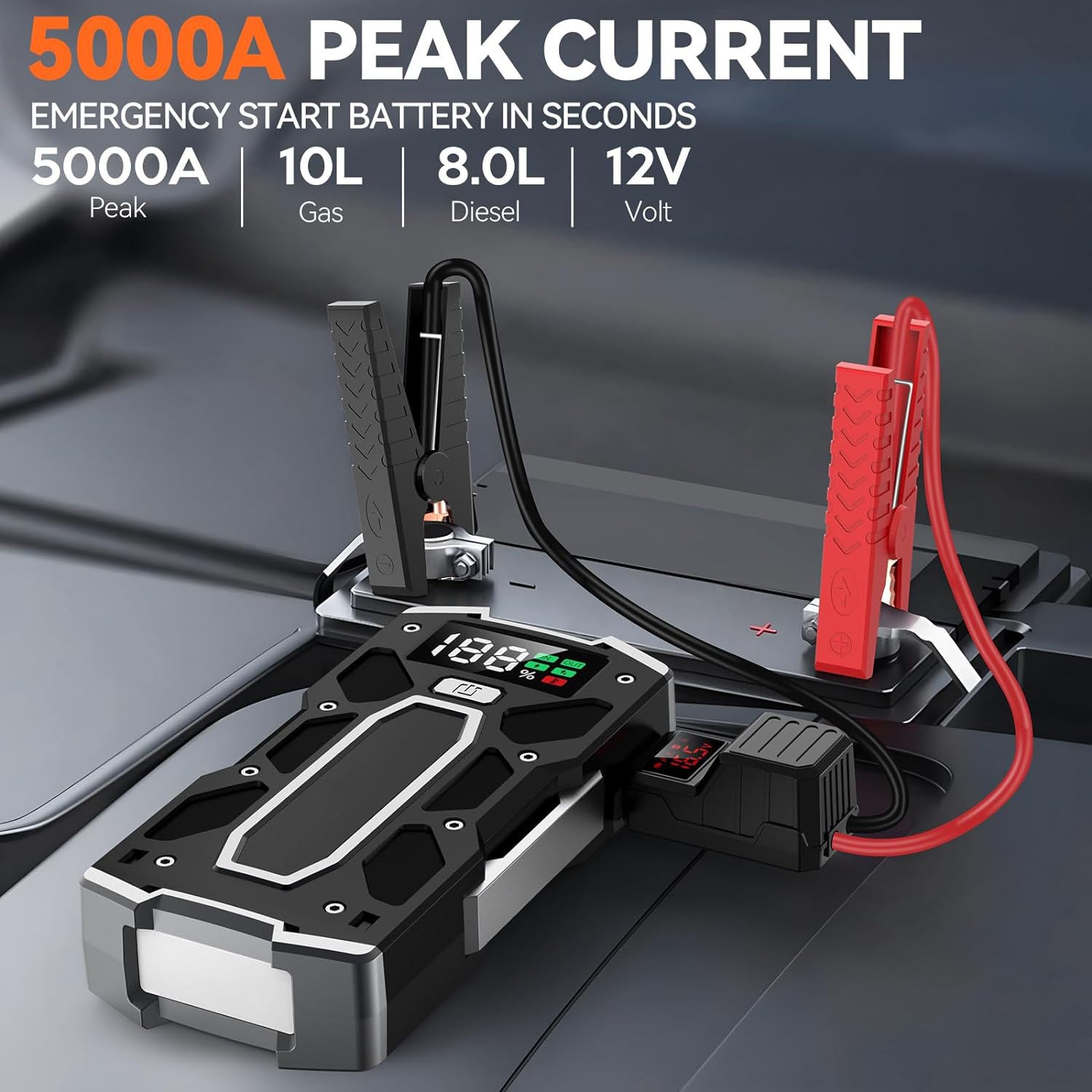 Car Jump Starter 5000A Peak 21800mAh 80.66Wh Battery Pack – 12V Gas & Diesel Engine Booster with LED Light & Power Bank