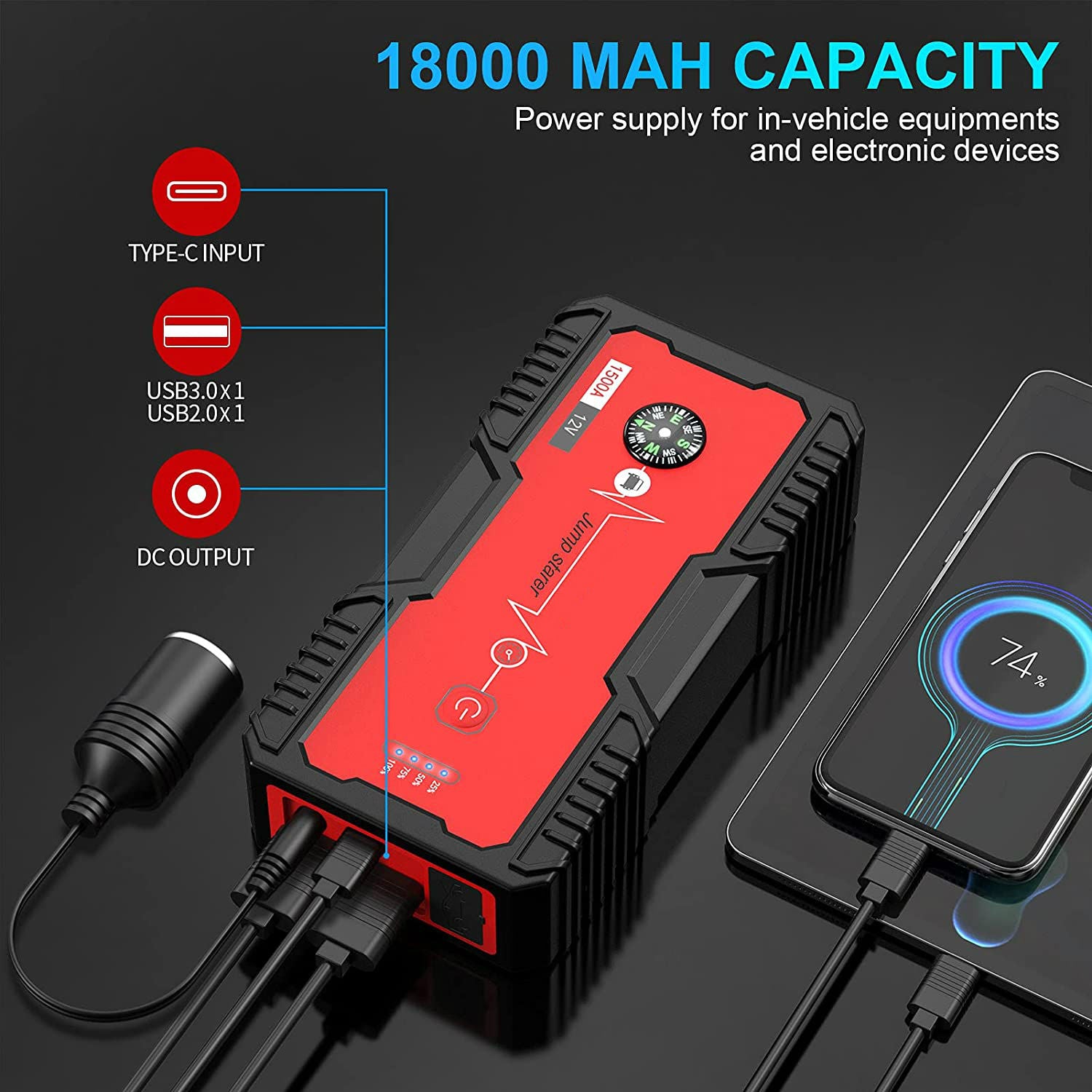 Car Jump Starter 2000A Peak 21800mAh Battery Pack – 12V Gas & Diesel Engine Booster with LED Flashlight & Power Bank