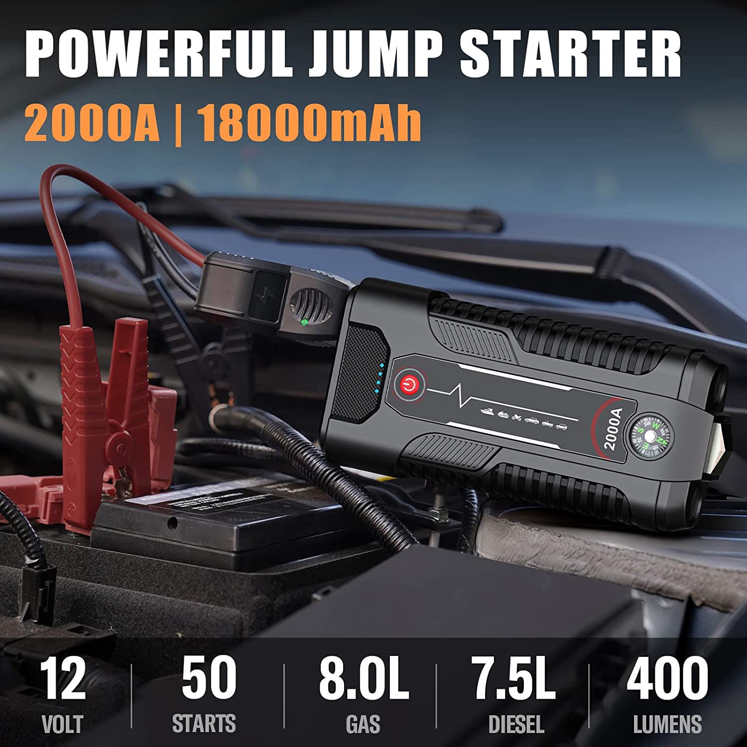 Car Jump Starter 2000A Peak 18000mAh Portable Battery Pack – 12V Gas & Diesel Engine Booster with LED Light, Power Bank & Safety Protection