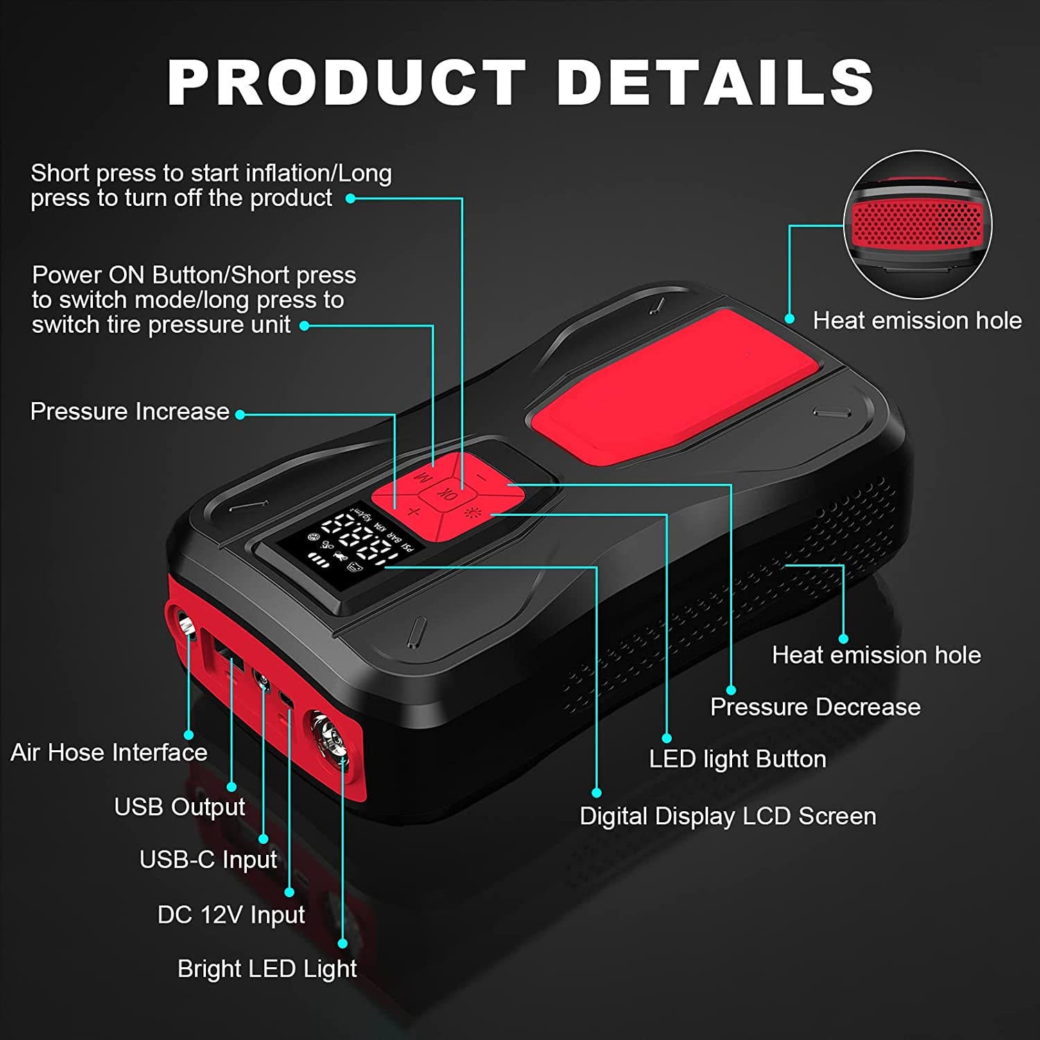 Portable Mini DC 12V Wireless Tire Inflator Air Compressor with LED Light, 6000mAh Battery, 150PSI for Car, Motorcycle, Bicycle, and Sports Equipment