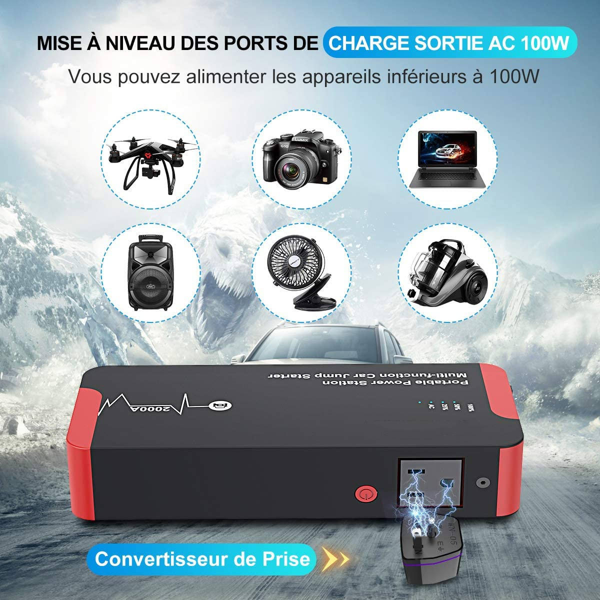 Car Jump Starter 22000mAh 2000A Peak Portable Power Station – 12V Gas & Diesel Engine Booster with AC Output, LED Flashlight & Power Bank