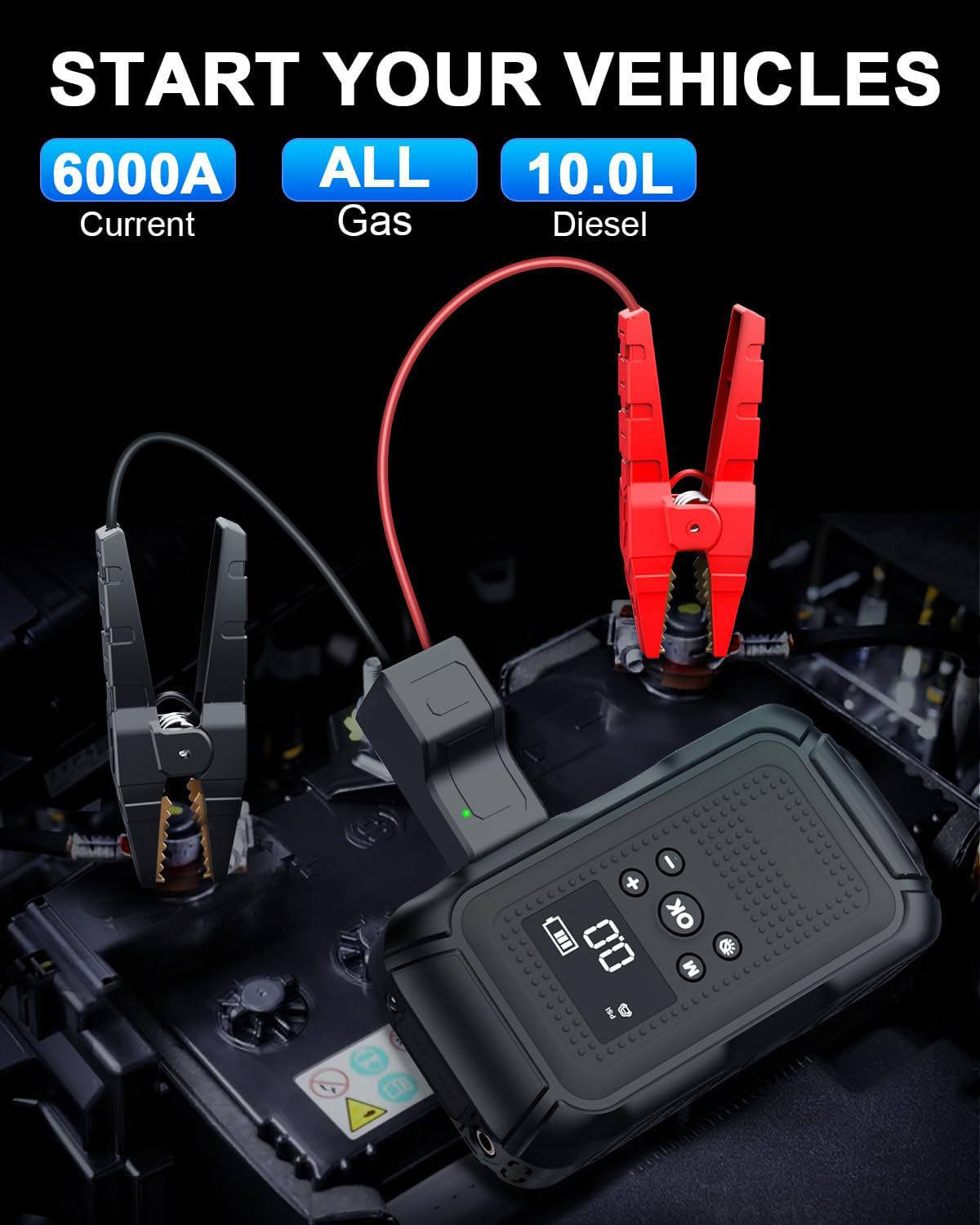 Car Jump Starter with Air Compressor 6000A Peak 10000mAh 37Wh Battery Pack – 12V Gas & Diesel Engine Booster with LED Light & Power Bank