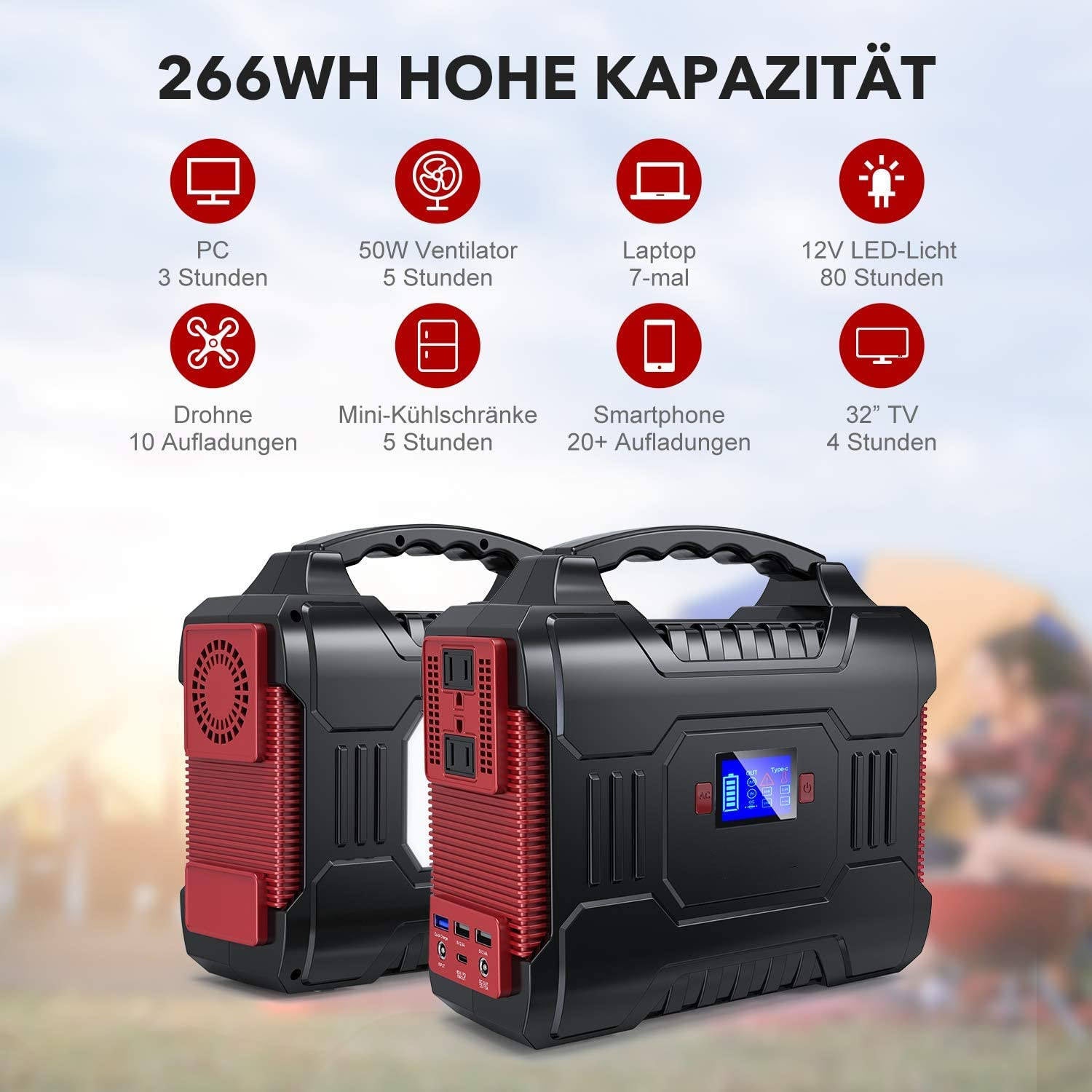 Portable Power Station 72000mAh 266.4Wh – 110V/220V AC Backup Battery Pack with USB & Type-C PD Output, Outdoor Camping & Emergency Power Supply
