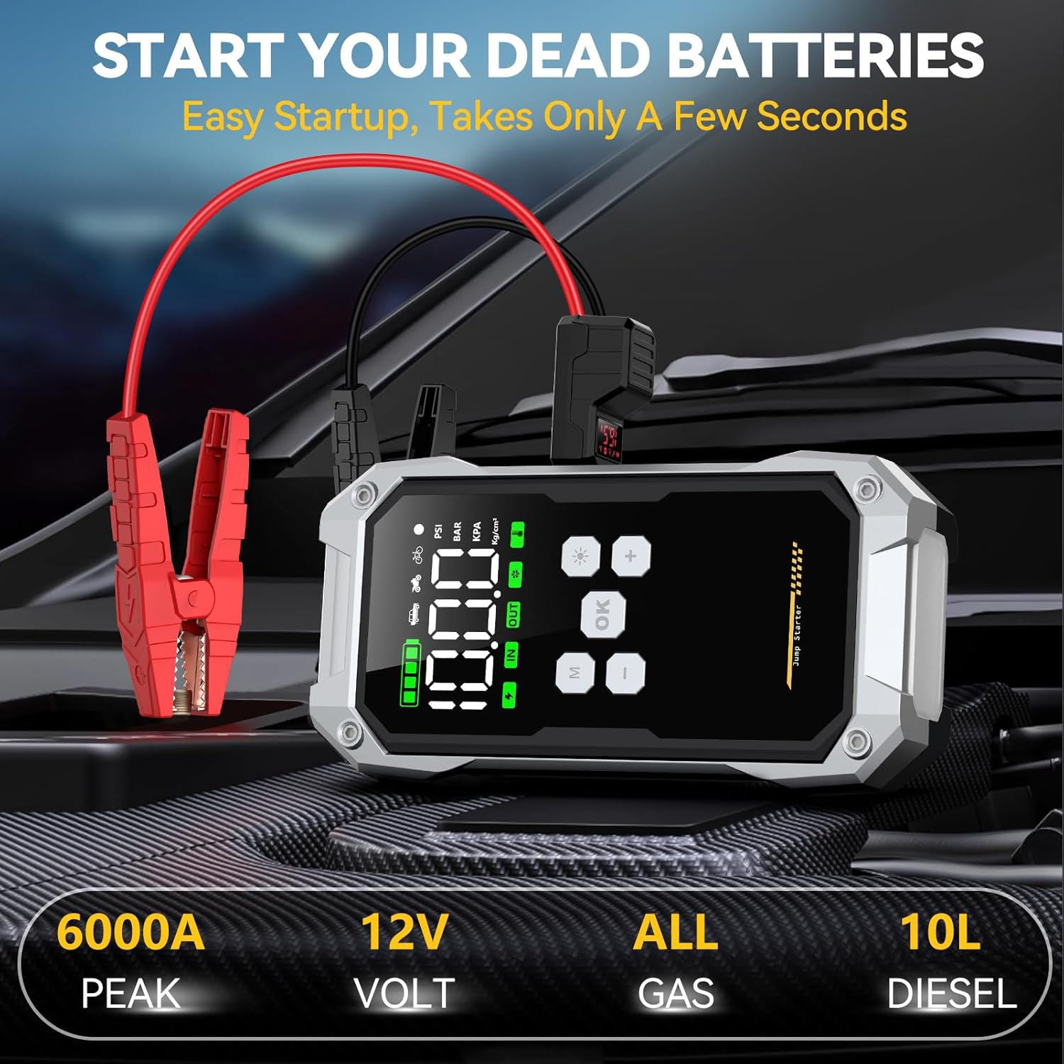 Portable Car Jump Starter with Air Compressor 5000A Peak 21800mAh Battery Pack – 12V Gas & Diesel Engine Booster with 150PSI Tire Inflator & LED Emergency Light