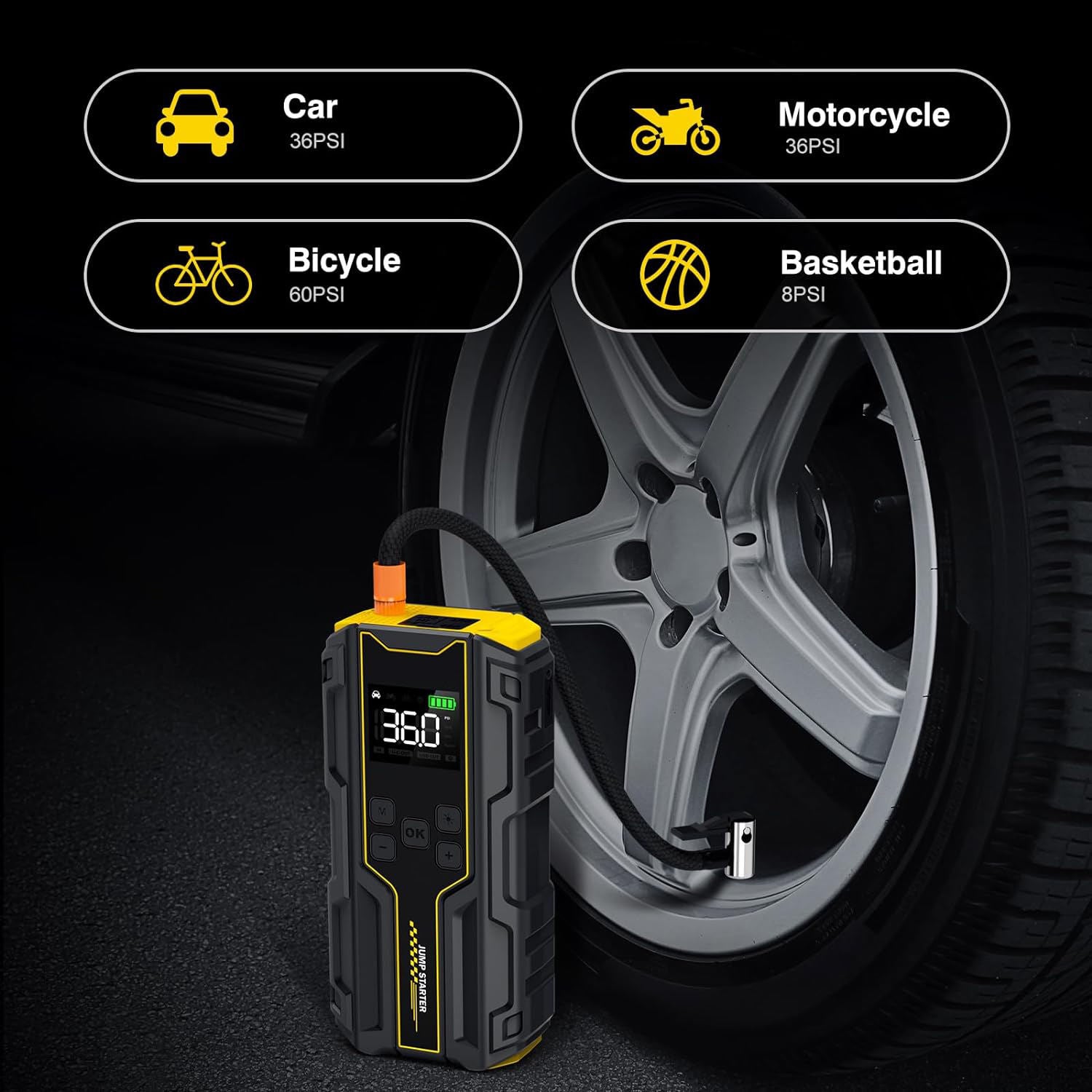Car Jump Starter with Air Compressor 4000A Peak 12V Battery Booster – 150PSI Tire Inflator, LED Light & Power Bank for Gasoline and Diesel Engines
