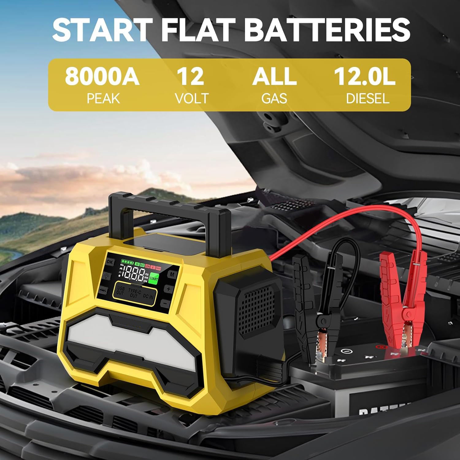 Car Jump Starter with Air Compressor – 4500A Peak 24000mAh 88.8Wh Battery Pack – 12V Gas & Diesel Engine Booster with LCD Display, LED Light & Power Bank