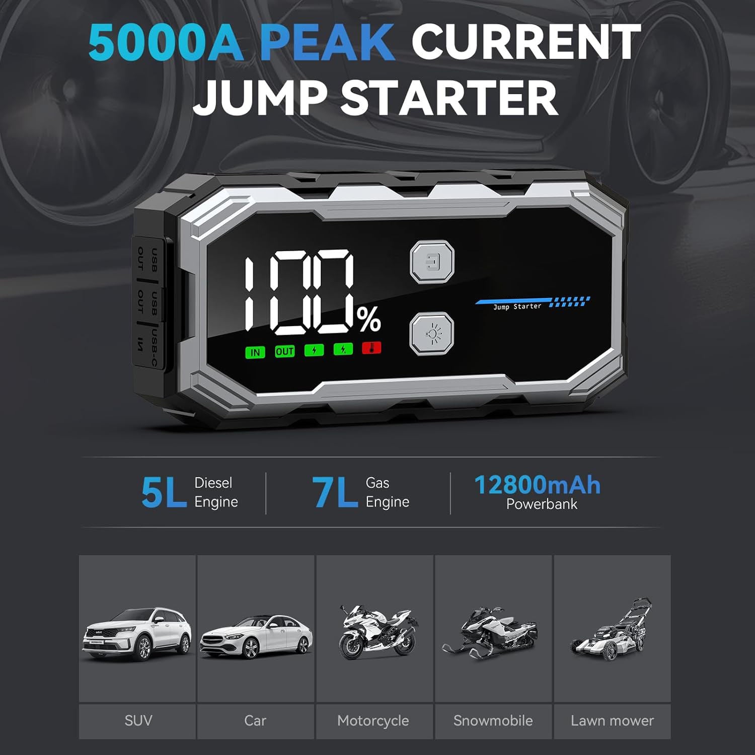 Portable Car Jump Starter 5000A Peak 12800mAh Battery Pack – 12V Gas & Diesel Engine Booster with LED Flashlight & Smart Protection