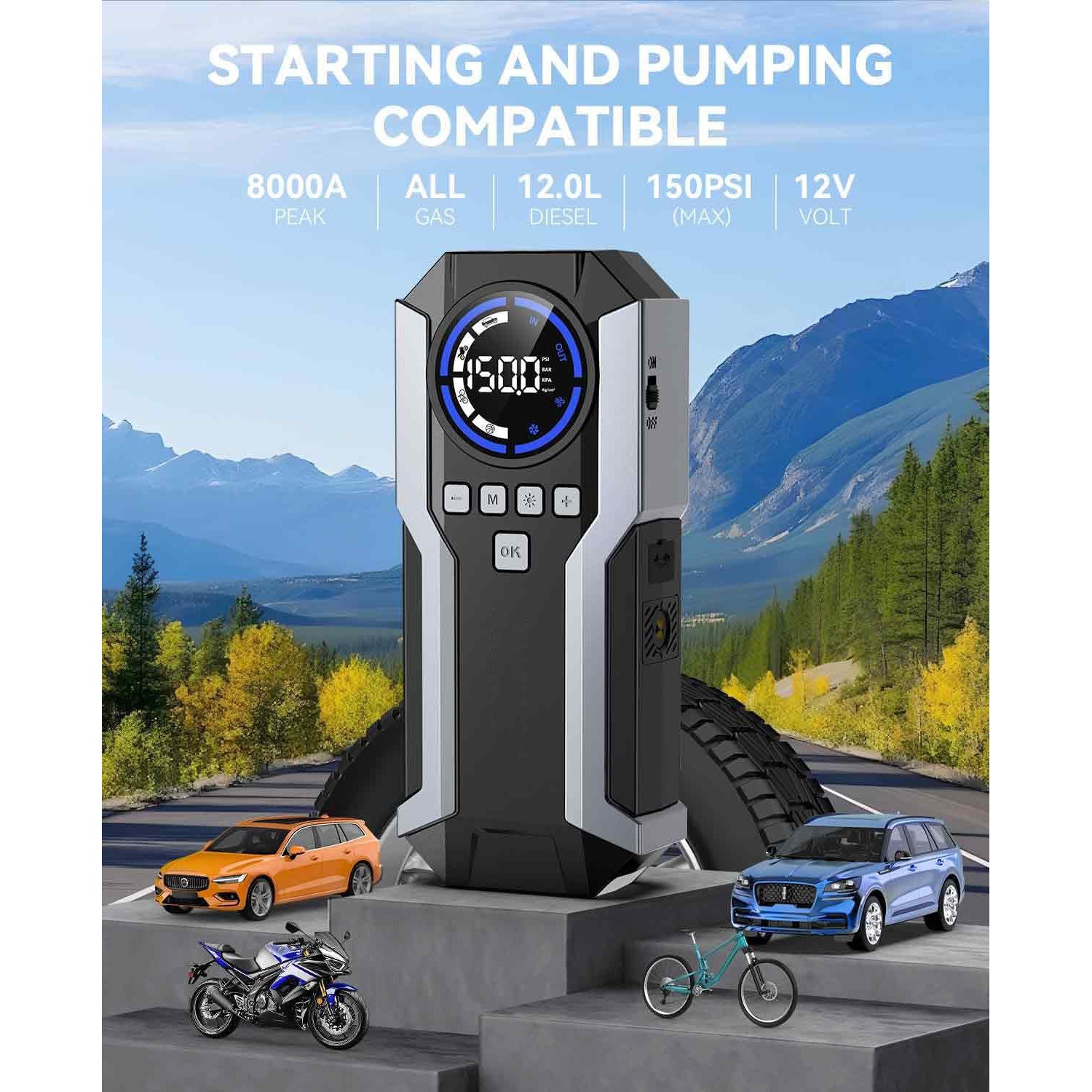 Portable Car Jump Starter 8000A Peak with 21800mAh Battery & 160PSI Air Compressor – 12V Gas & Diesel Engine Booster with LED Light & Power Bank