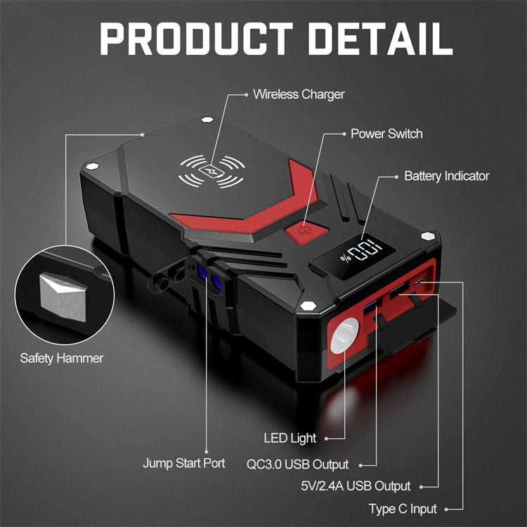 Portable Car Jump Starter 2500A Peak 24000mAh Battery Pack – 12V Gas & Diesel Engine Booster