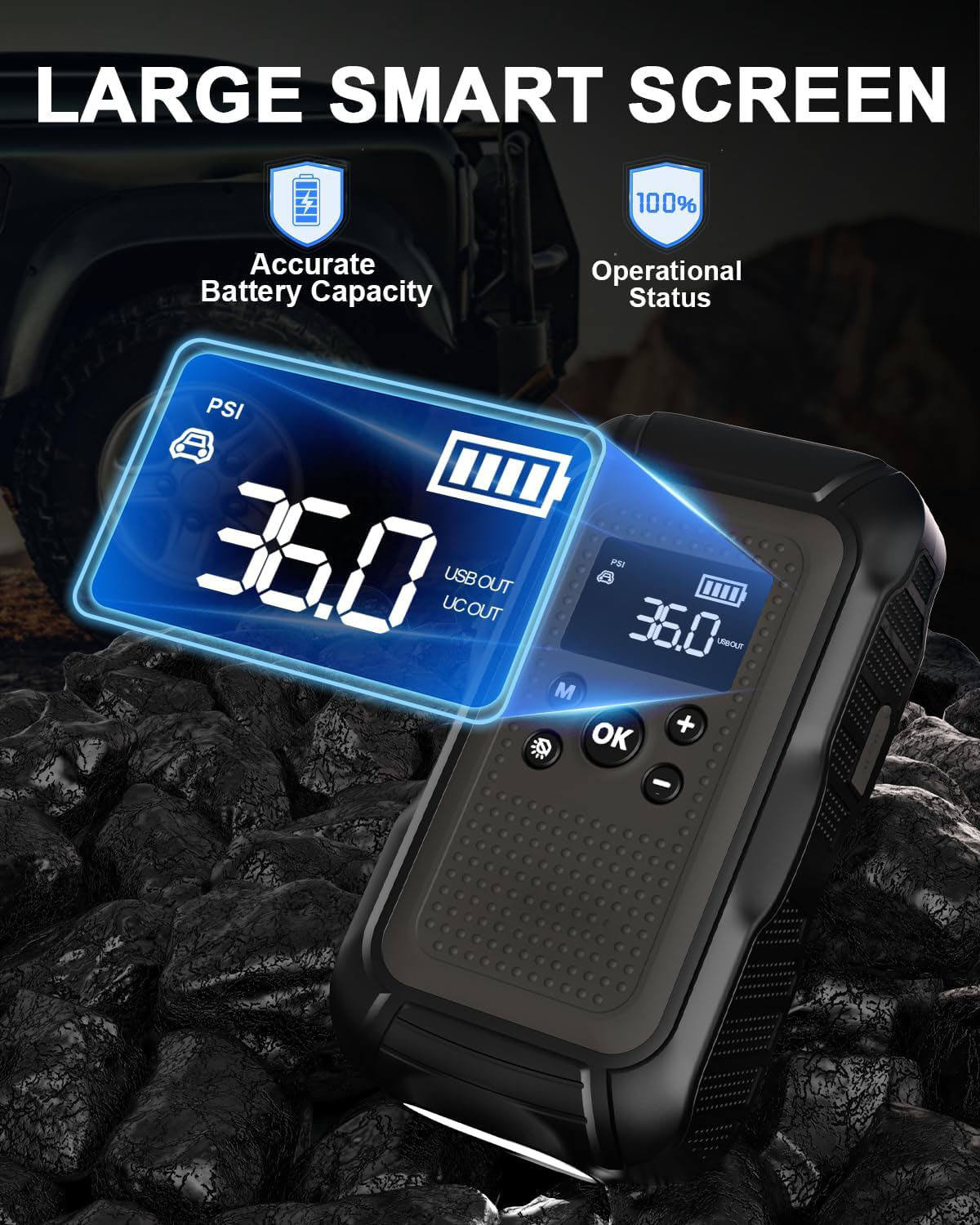 Car Jump Starter with Air Compressor 6000A Peak 10000mAh 37Wh Battery Pack – 12V Gas & Diesel Engine Booster with LED Light & Power Bank