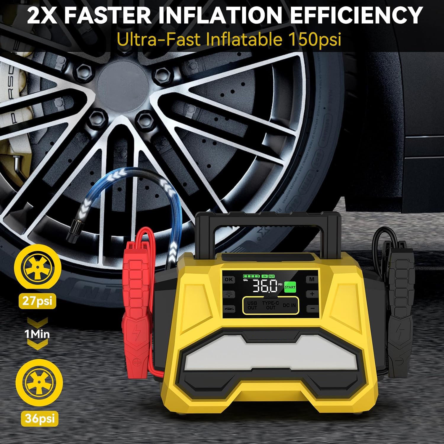 Car Jump Starter with Air Compressor – 4500A Peak 24000mAh 88.8Wh Battery Pack – 12V Gas & Diesel Engine Booster with LCD Display, LED Light & Power Bank