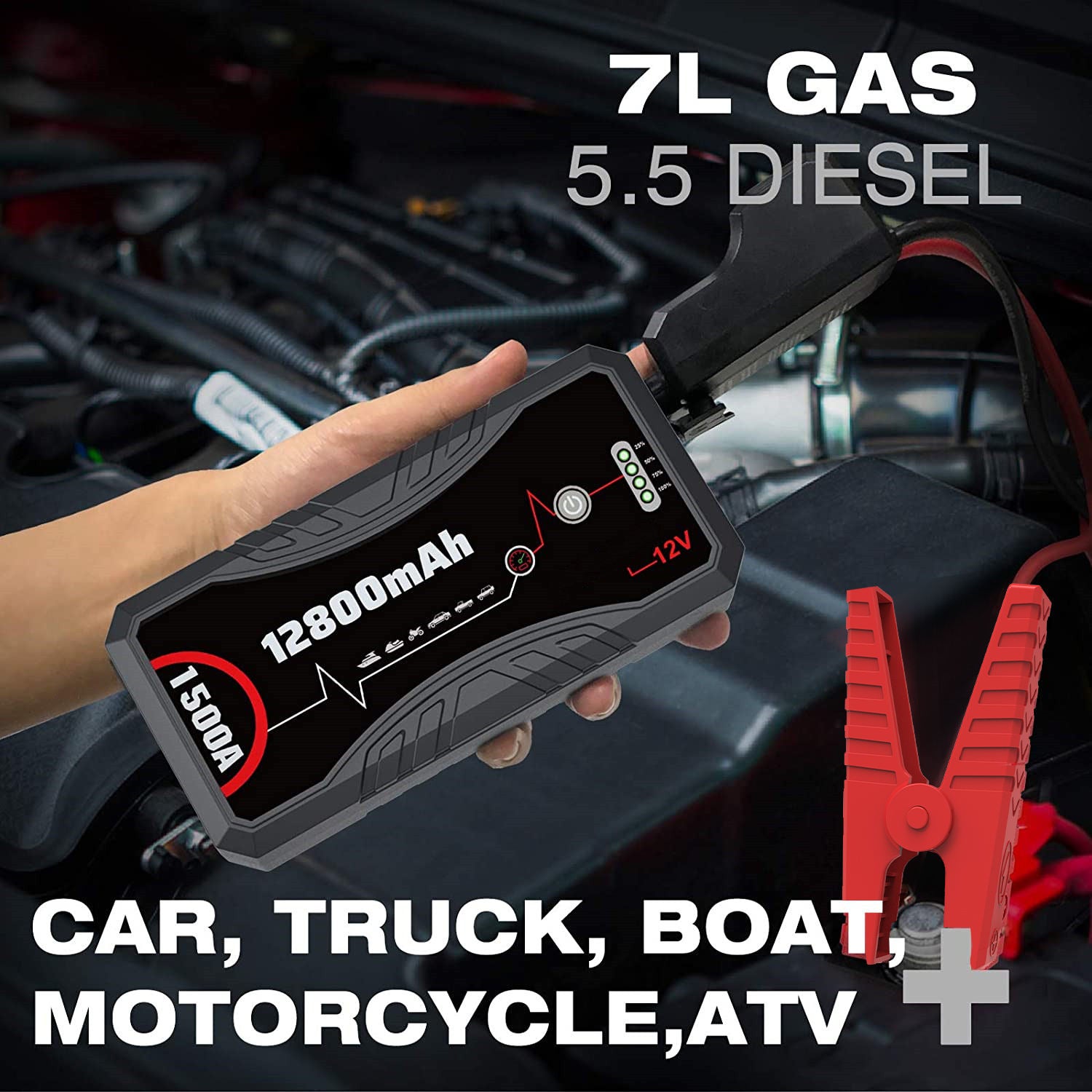 Portable Car Jump Starter 1500A Peak 12800mAh Battery Pack – 12V Gas & Diesel Engine Booster with LED Emergency Light
