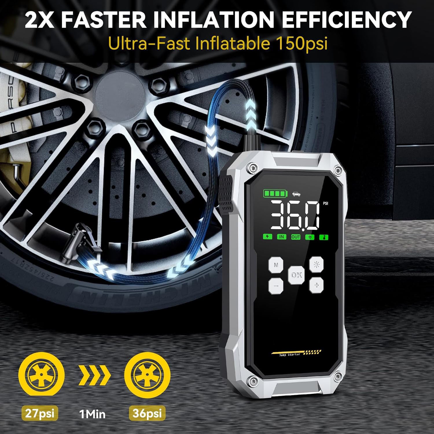 Portable Car Jump Starter with Air Compressor 5000A Peak 21800mAh Battery Pack – 12V Gas & Diesel Engine Booster with 150PSI Tire Inflator & LED Emergency Light