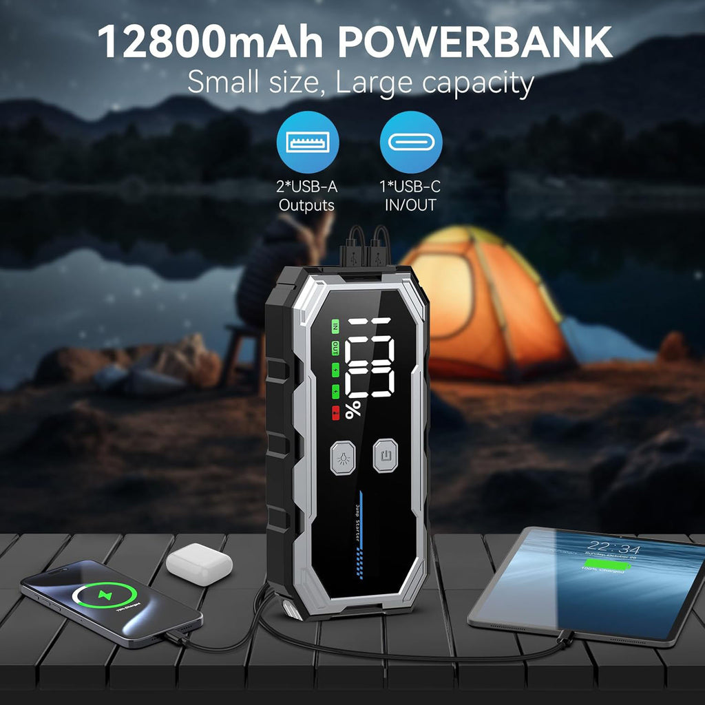 Portable Car Jump Starter 5000A Peak 12800mAh Battery Pack – 12V Gas & Diesel Engine Booster with LED Flashlight & Smart Protection