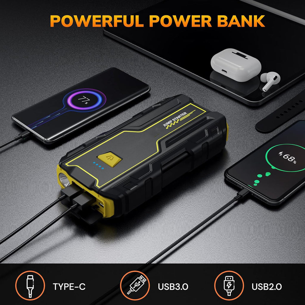 Car Jump Starter 3000A Peak 7200mAh 26.64Wh Battery Pack – 12V Gas & Diesel Engine Booster with LED Light & Power Bank