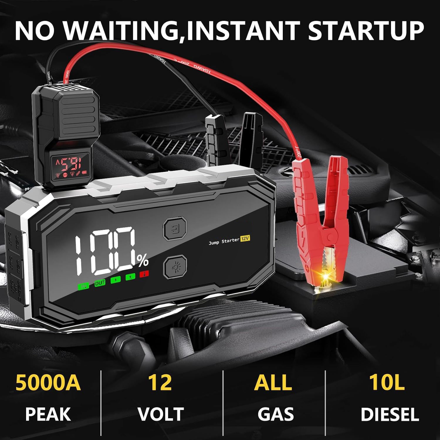 Portable Car Jump Starter 5000A Peak 21800mAh Battery Pack – 12V Gas & Diesel Engine Booster with 400 Lumen LED Flashlight & QC3.0 Fast Charging