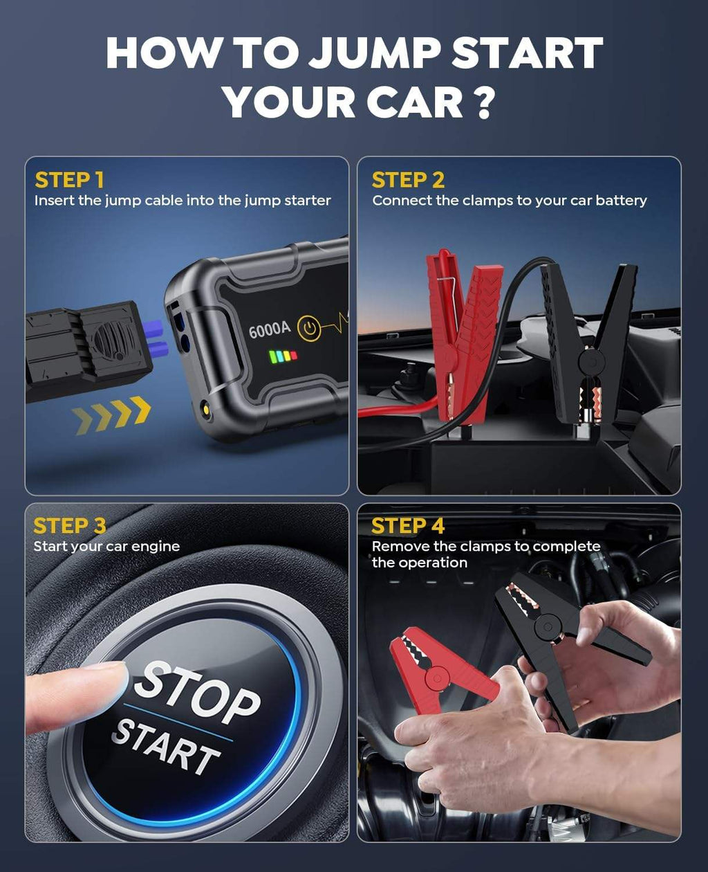 Car Jump Starter 6000A Peak 22000mAh 74Wh Battery Pack – 12V Gas & Diesel Engine Booster with LED Light & Power Bank