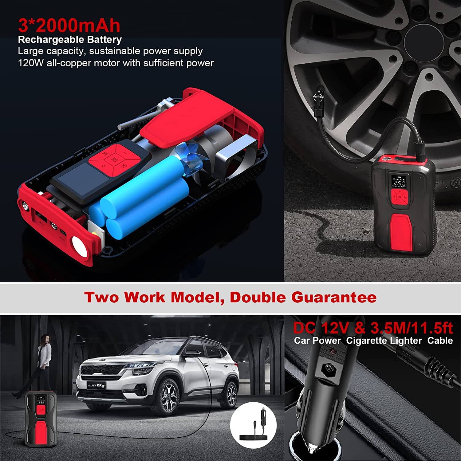 Portable Mini DC 12V Wireless Tire Inflator Air Compressor with LED Light, 6000mAh Battery, 150PSI for Car, Motorcycle, Bicycle, and Sports Equipment