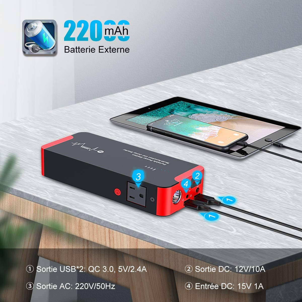 Car Jump Starter 22000mAh 2000A Peak Portable Power Station – 12V Gas & Diesel Engine Booster with AC Output, LED Flashlight & Power Bank