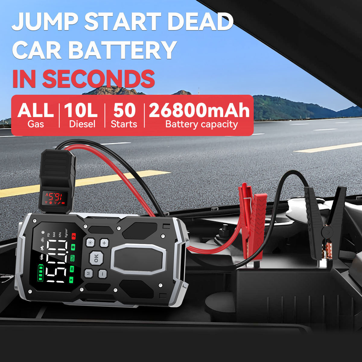 Car Jump Starter with Air Compressor 5000A Peak 26800mAh 99Wh Battery Pack – 12V Gas & Diesel Engine Booster with LED Light & Power Bank