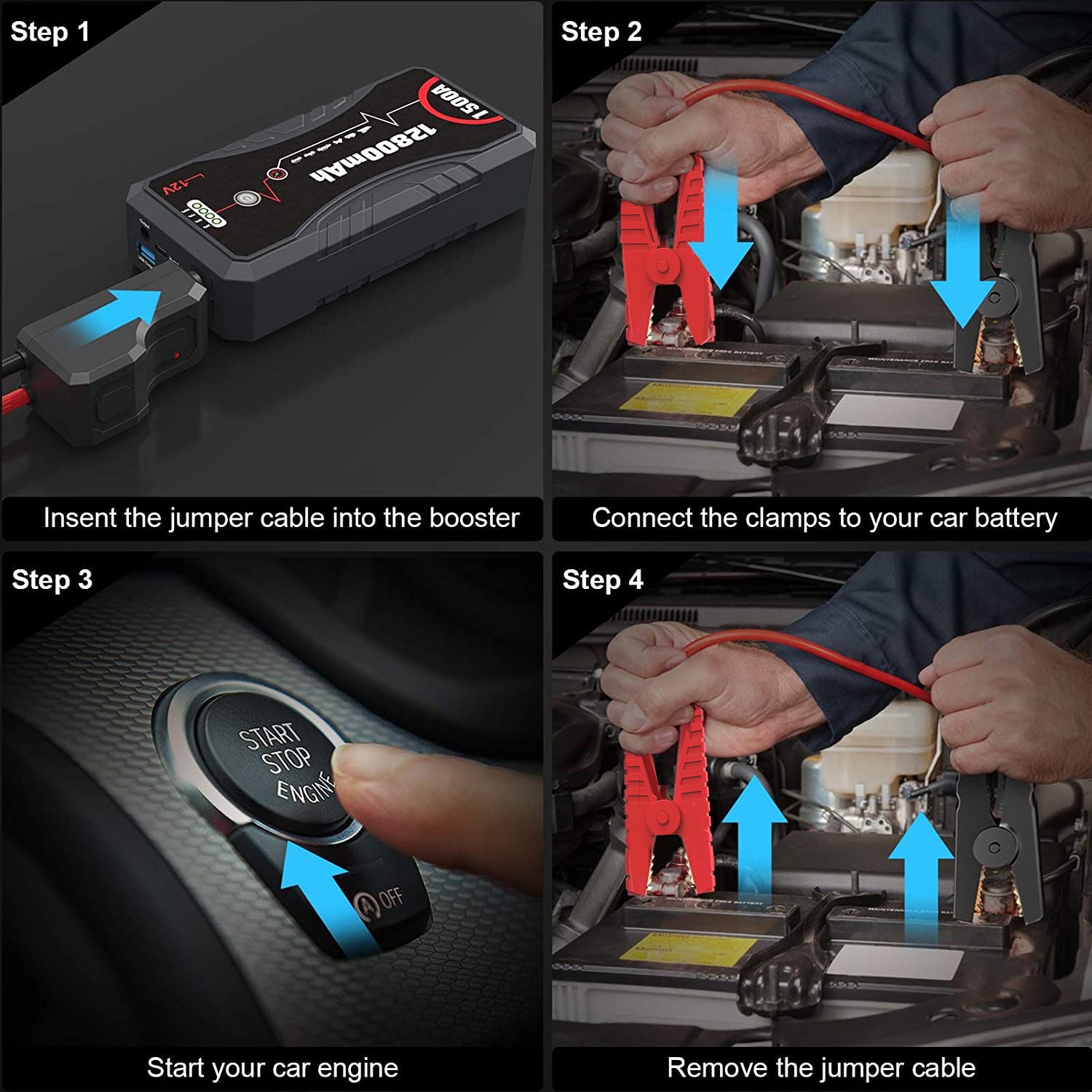 Portable Car Jump Starter 1500A Peak 12800mAh Battery Pack – 12V Gas & Diesel Engine Booster with LED Emergency Light
