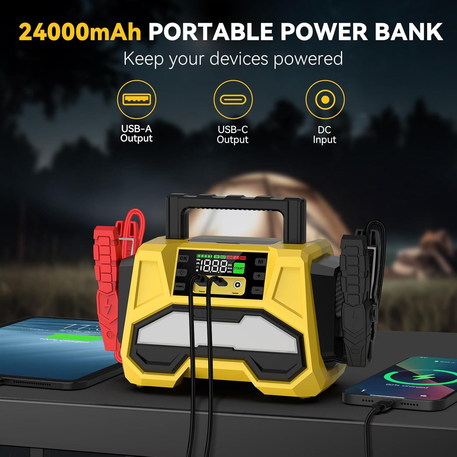 Car Jump Starter with Air Compressor – 4500A Peak 24000mAh 88.8Wh Battery Pack – 12V Gas & Diesel Engine Booster with LCD Display, LED Light & Power Bank