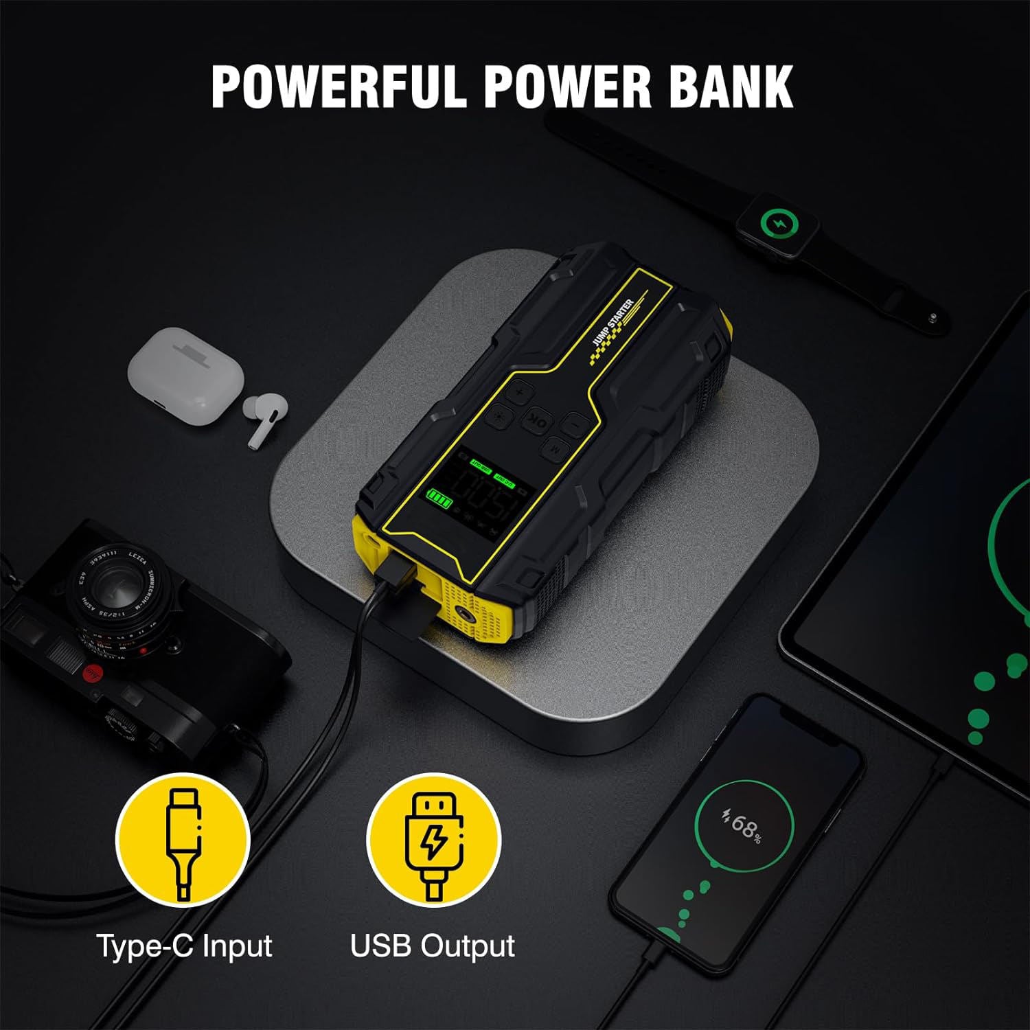 Car Jump Starter with Air Compressor 4000A Peak 12V Battery Booster – 150PSI Tire Inflator, LED Light & Power Bank for Gasoline and Diesel Engines