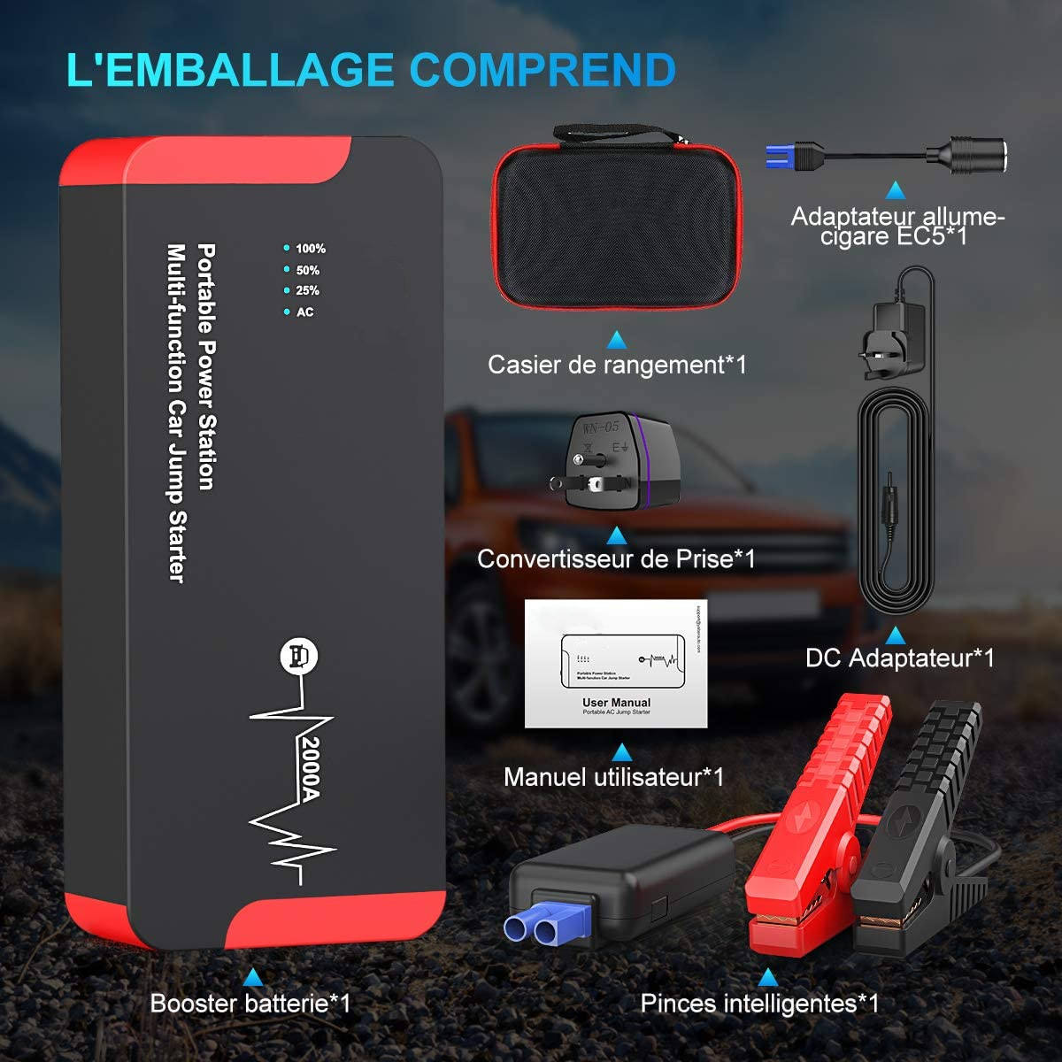Car Jump Starter 22000mAh 2000A Peak Portable Power Station – 12V Gas & Diesel Engine Booster with AC Output, LED Flashlight & Power Bank