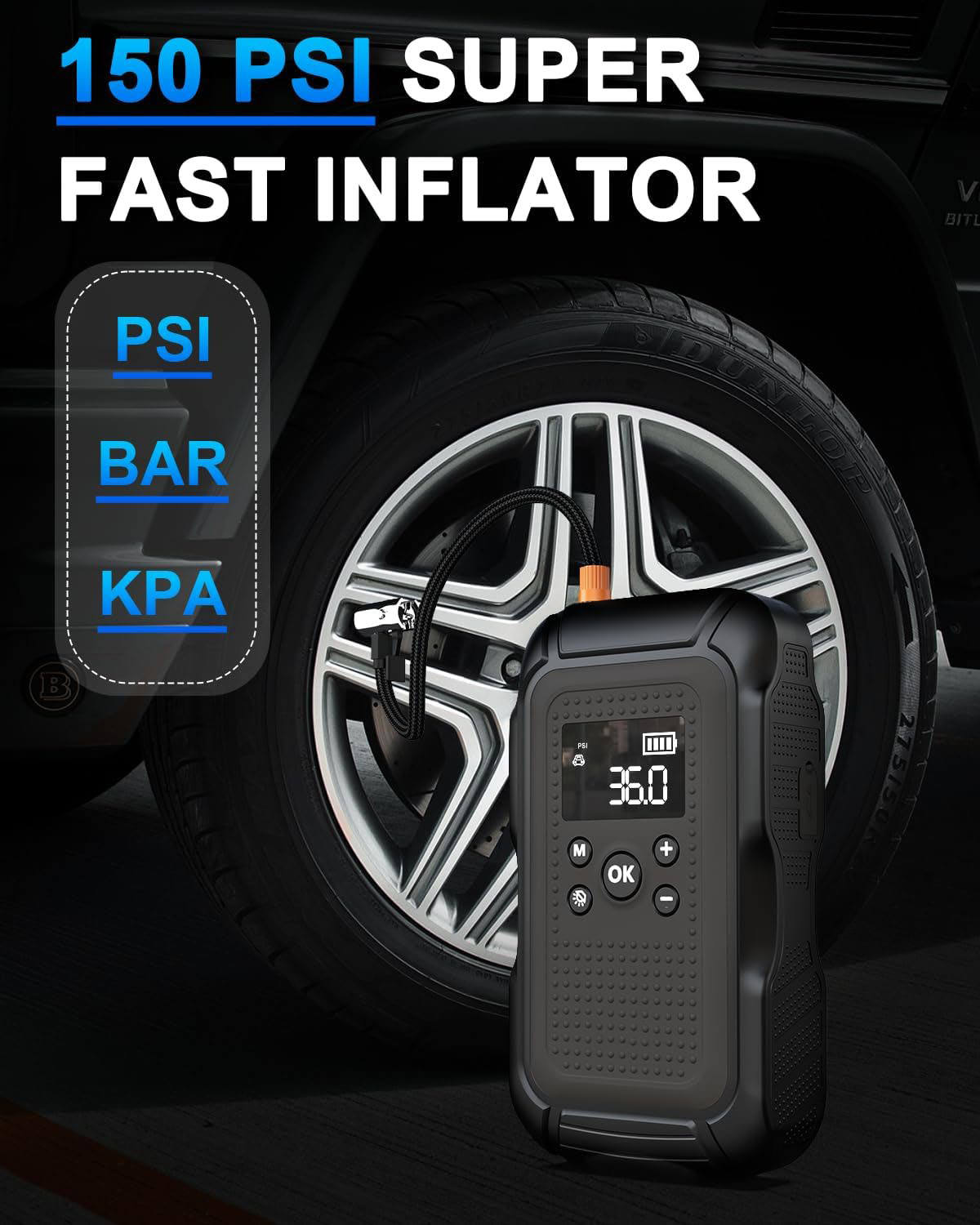 Car Jump Starter with Air Compressor 6000A Peak 10000mAh 37Wh Battery Pack – 12V Gas & Diesel Engine Booster with LED Light & Power Bank