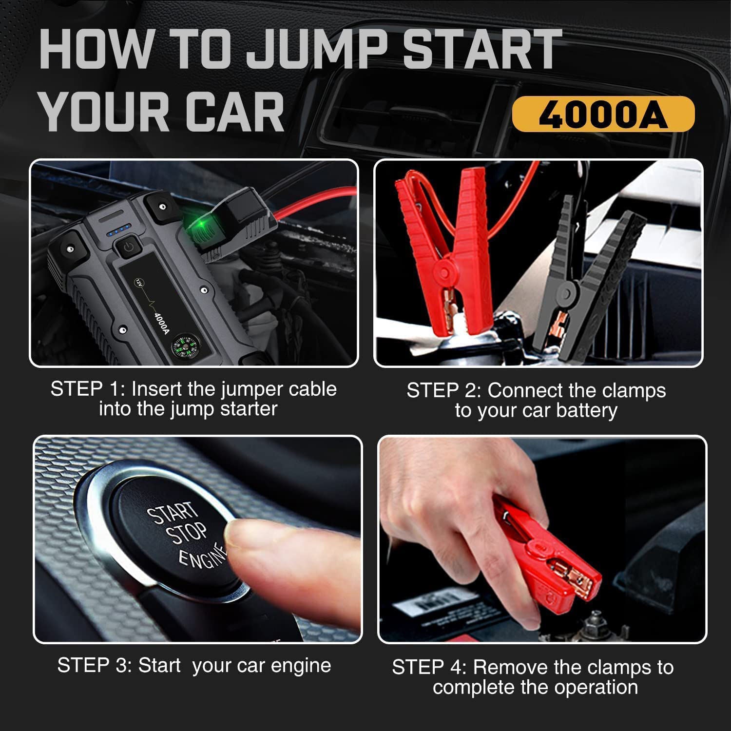 Portable Car Jump Starter 4000A Peak 23800mAh Battery Booster – 12V Gas & Diesel Engine Power Bank