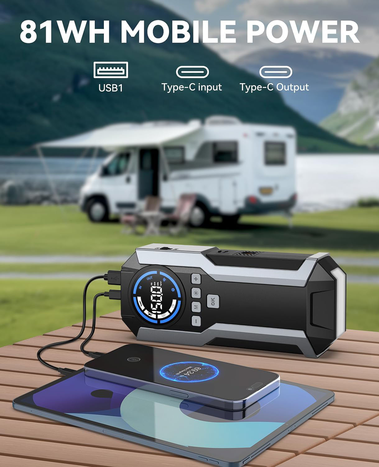 Portable Car Jump Starter 8000A Peak with 21800mAh Battery & 160PSI Air Compressor – 12V Gas & Diesel Engine Booster with LED Light & Power Bank