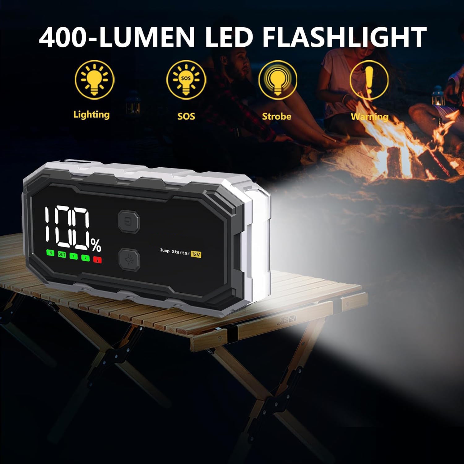 Portable Car Jump Starter 5000A Peak 21800mAh Battery Pack – 12V Gas & Diesel Engine Booster with 400 Lumen LED Flashlight & QC3.0 Fast Charging
