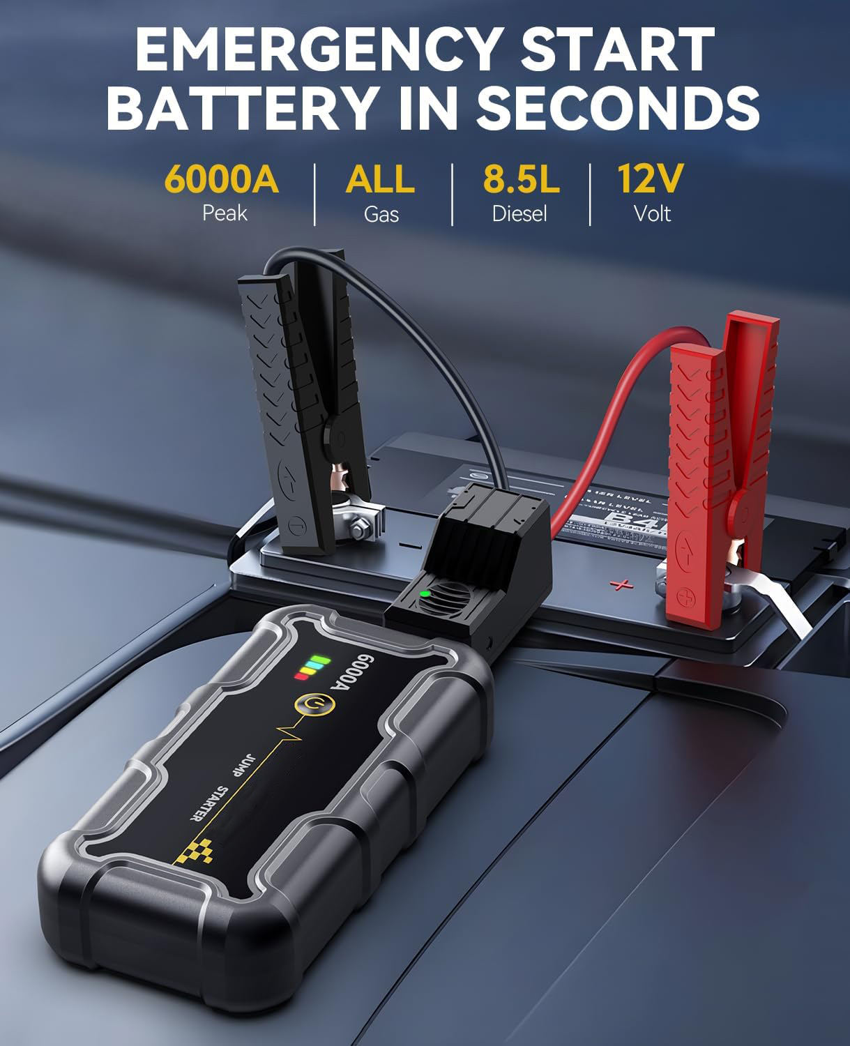 Car Jump Starter 6000A Peak 22000mAh 74Wh Battery Pack – 12V Gas & Diesel Engine Booster with LED Light & Power Bank