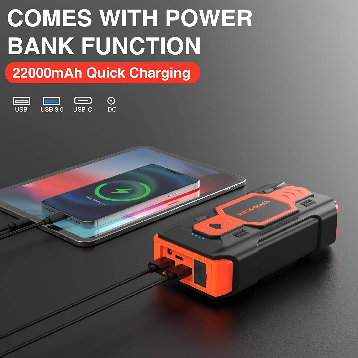 Portable Car Jump Starter 2500A Peak 22000mAh Battery Pack – 12V Gas & Diesel Engine Booster with LED Emergency Light