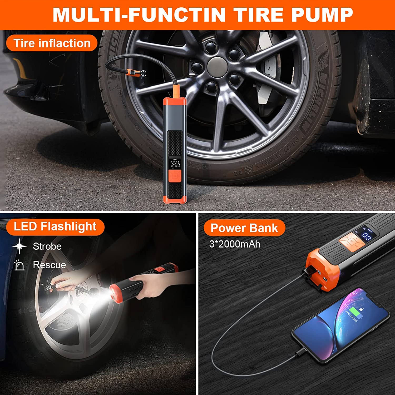 Portable Wireless Air Compressor Tire Inflator 150PSI with LED Light and Power Bank Function