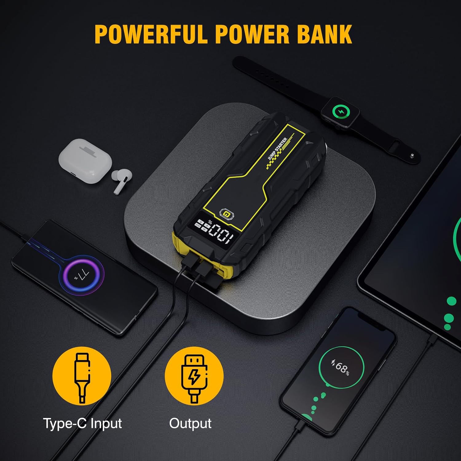 Car Jump Starter 4500A Peak 10000mAh 12V Portable Battery Booster Pack – Gas & Diesel Engine Starter with LED Light & Power Bank
