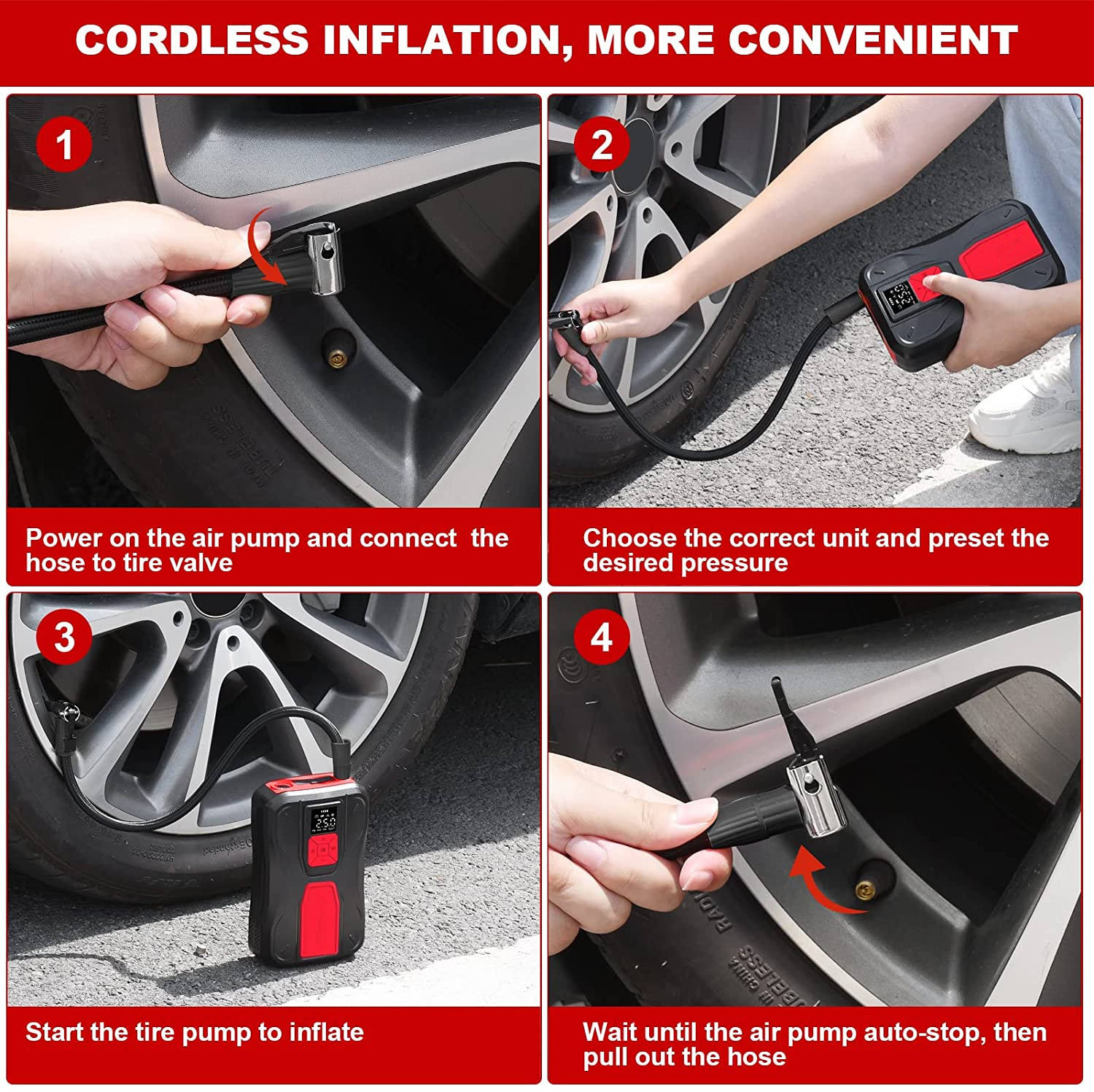 Portable Mini DC 12V Wireless Tire Inflator Air Compressor with LED Light, 6000mAh Battery, 150PSI for Car, Motorcycle, Bicycle, and Sports Equipment
