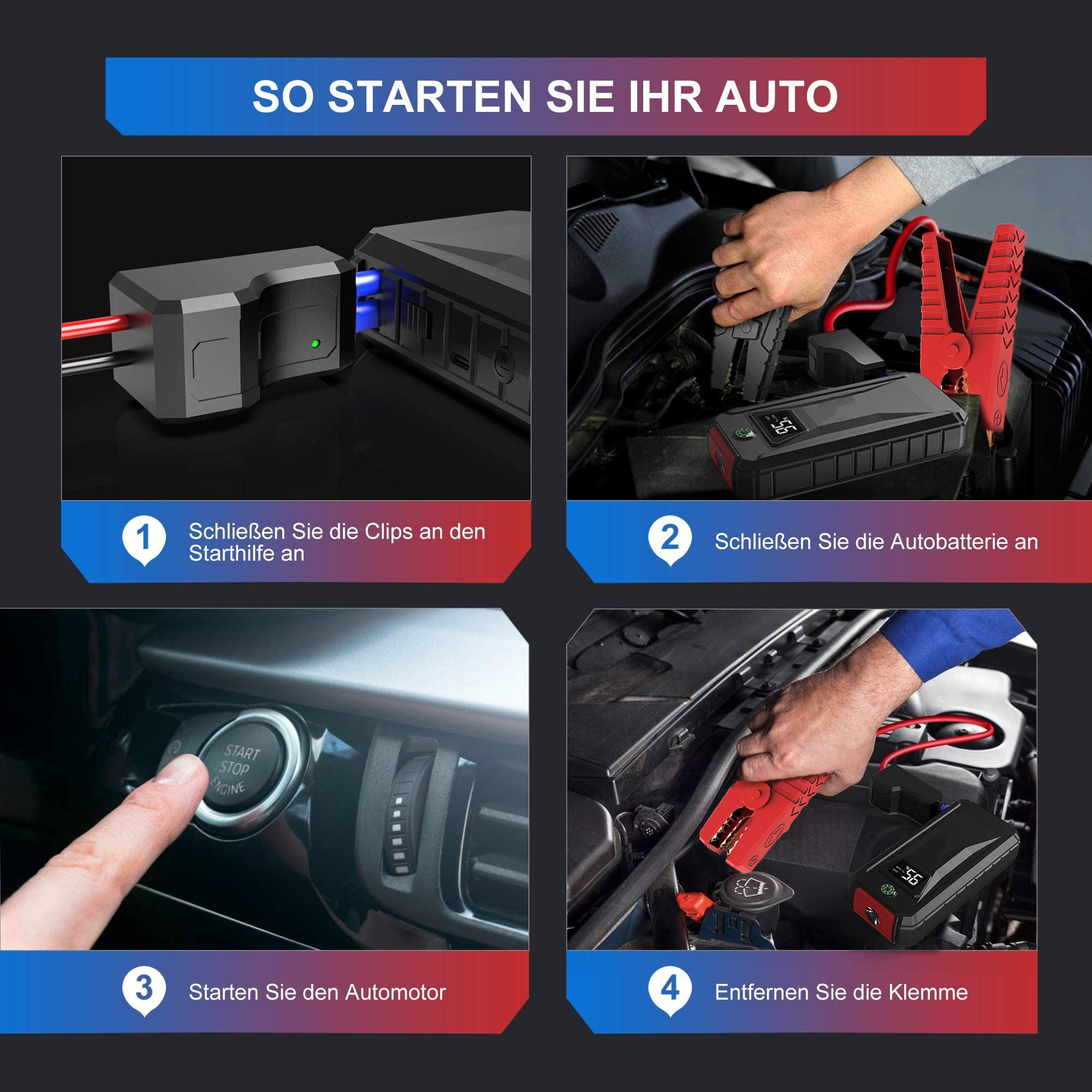 Portable Car Jump Starter 2000A Peak 20000mAh Battery Pack – 12V Gas & Diesel Engine Booster with LED Emergency Light & Power Bank