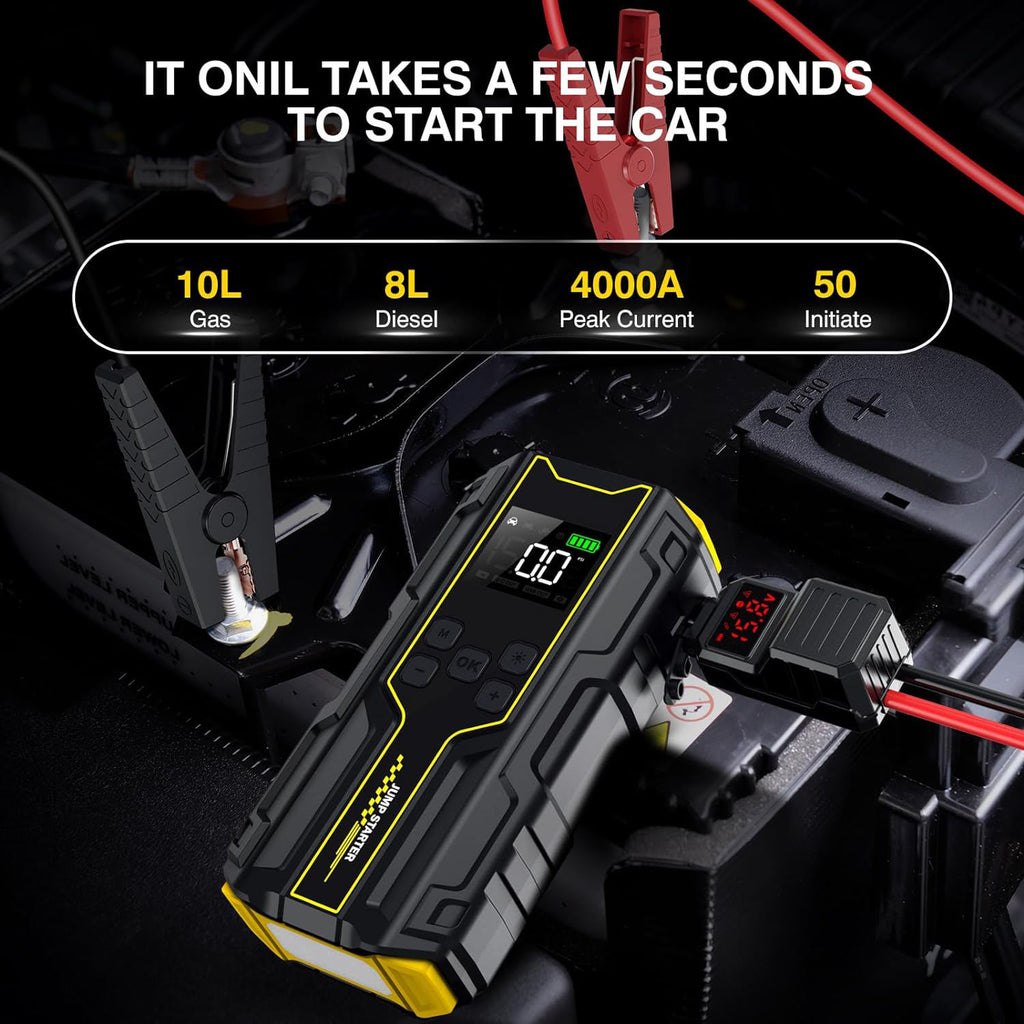 Car Jump Starter with Air Compressor 4000A Peak 12V Battery Booster – 150PSI Tire Inflator, LED Light & Power Bank for Gasoline and Diesel Engines