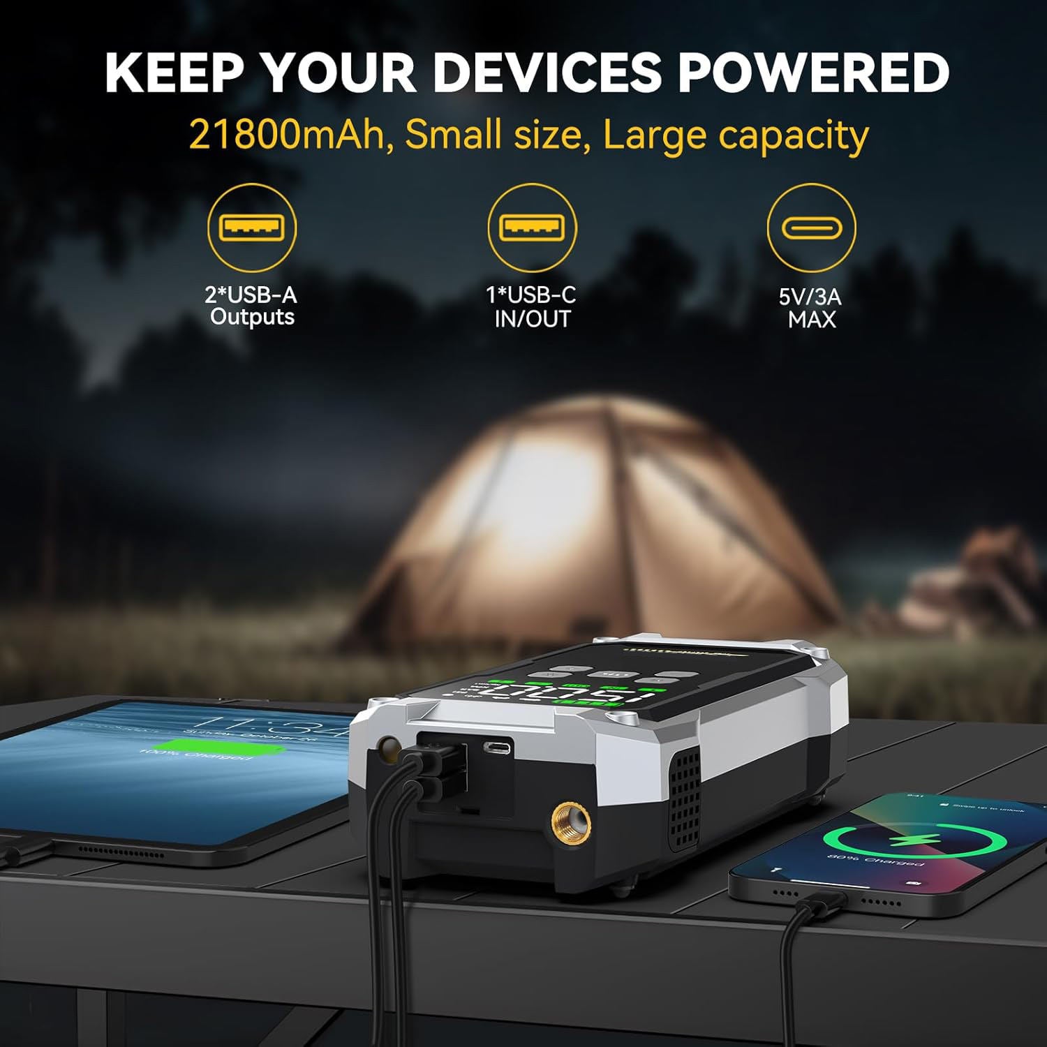 Portable Car Jump Starter with Air Compressor 5000A Peak 21800mAh Battery Pack – 12V Gas & Diesel Engine Booster with 150PSI Tire Inflator & LED Emergency Light